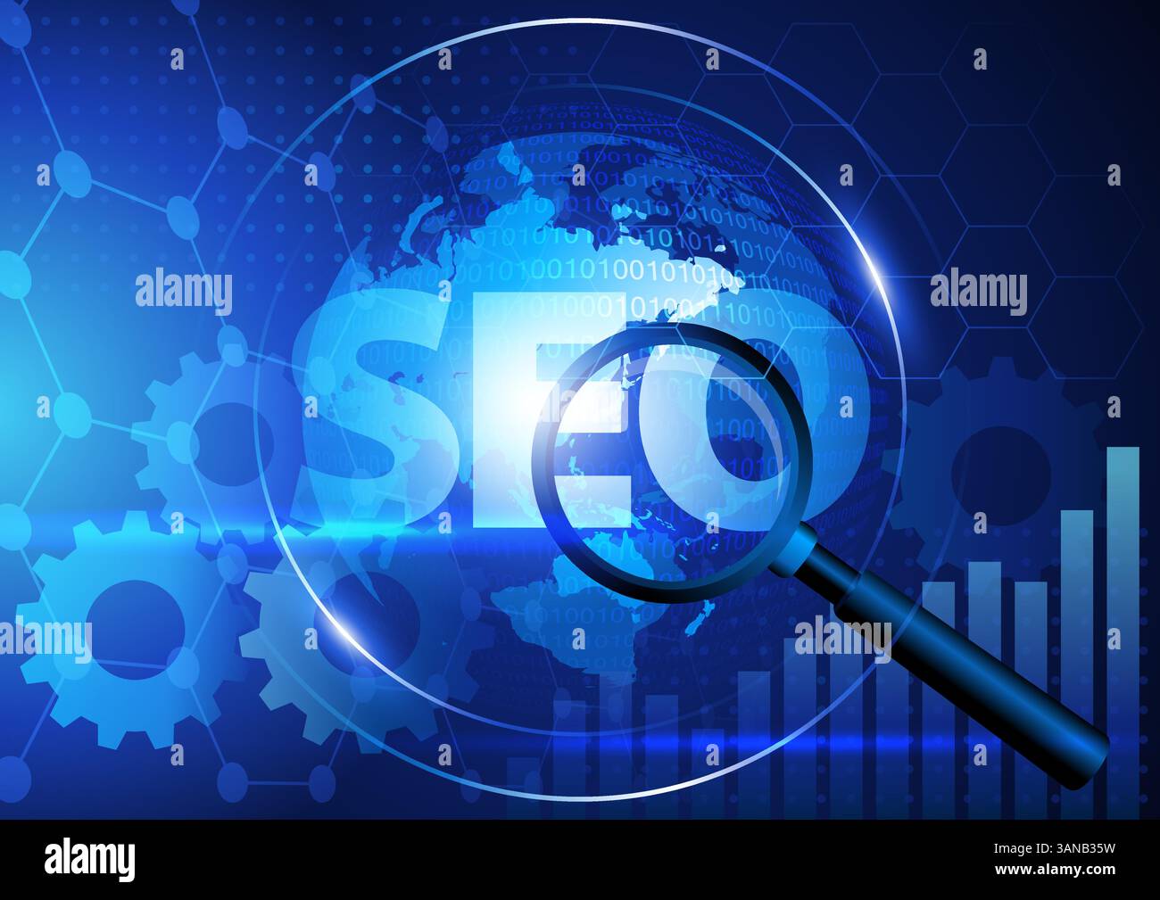 Concept SEO futuristico con lente di ingrandimento su elementi digitali, grafici e una rete globale. Argomenti per l'ottimizzazione dei motori di ricerca, mar. Digitale Illustrazione Vettoriale