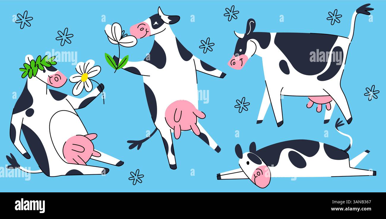 Set di mascotte di mucche cartoni animati - adorabili bovini macchiati in bianco e nero seduti, sdraiati e in piedi, con fiori a margherita. Illustrazioni di simpatici e divertenti personaggi di animali da fattoria che si rilassano e giocano. Illustrazione Vettoriale