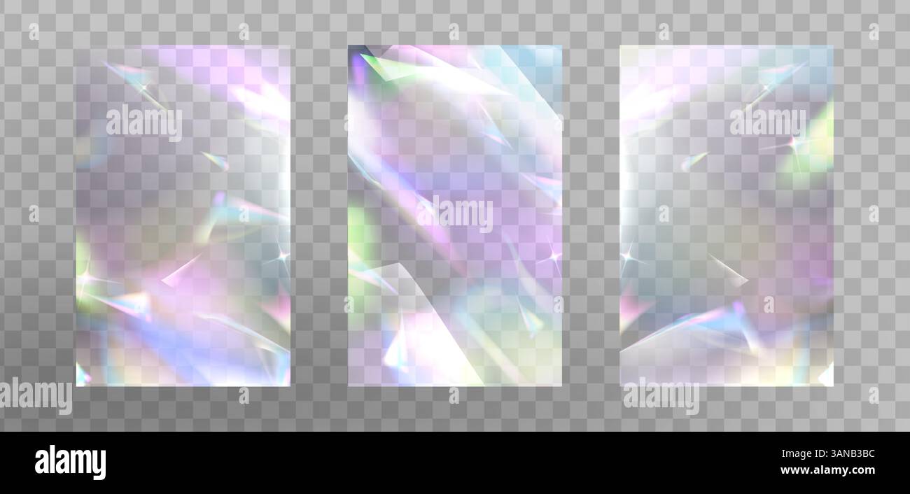 Confezione svasata a prisma iridescente - rifrazioni traslucide dell'arcobaleno e illuminazioni brillanti, effetti lente con forme luminose di cristallo cromatico che creano motivi caleidoscopici per i disegni. Illustrazione Vettoriale