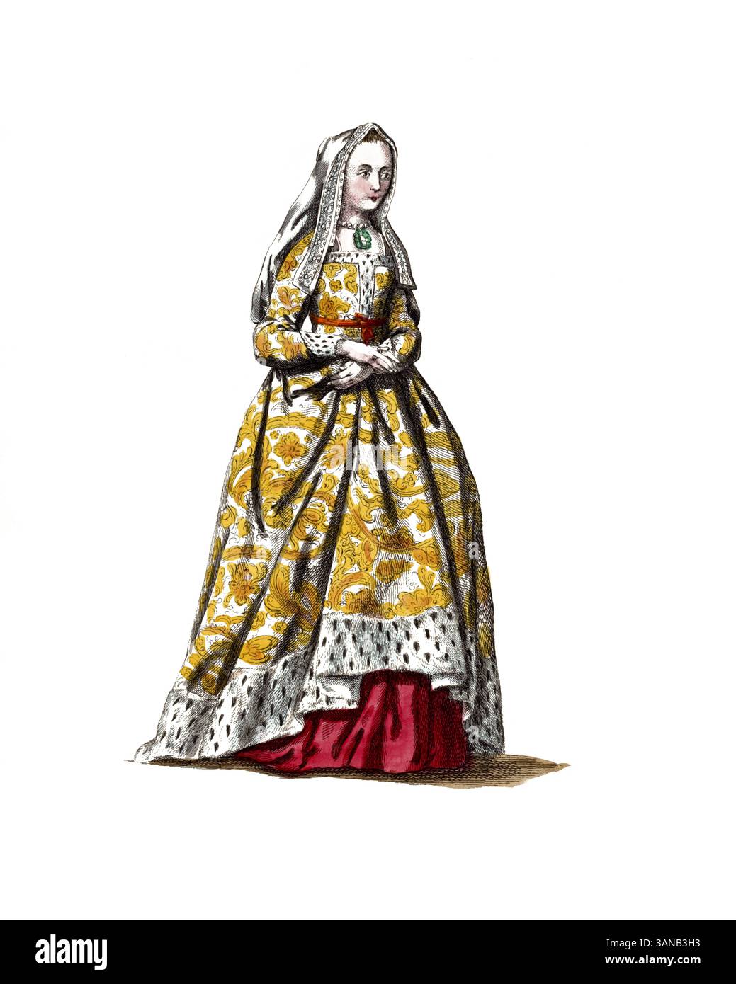 Abbigliamento storico, storia della moda, Elisabetta di York, 11 febbraio 1466 – 11 febbraio 1503, una principessa inglese della Casa di York, qui nel 1490, riproduzione restaurata digitalmente di un modello del XVIII/XIX secolo, data esatta sconosciuta Foto Stock