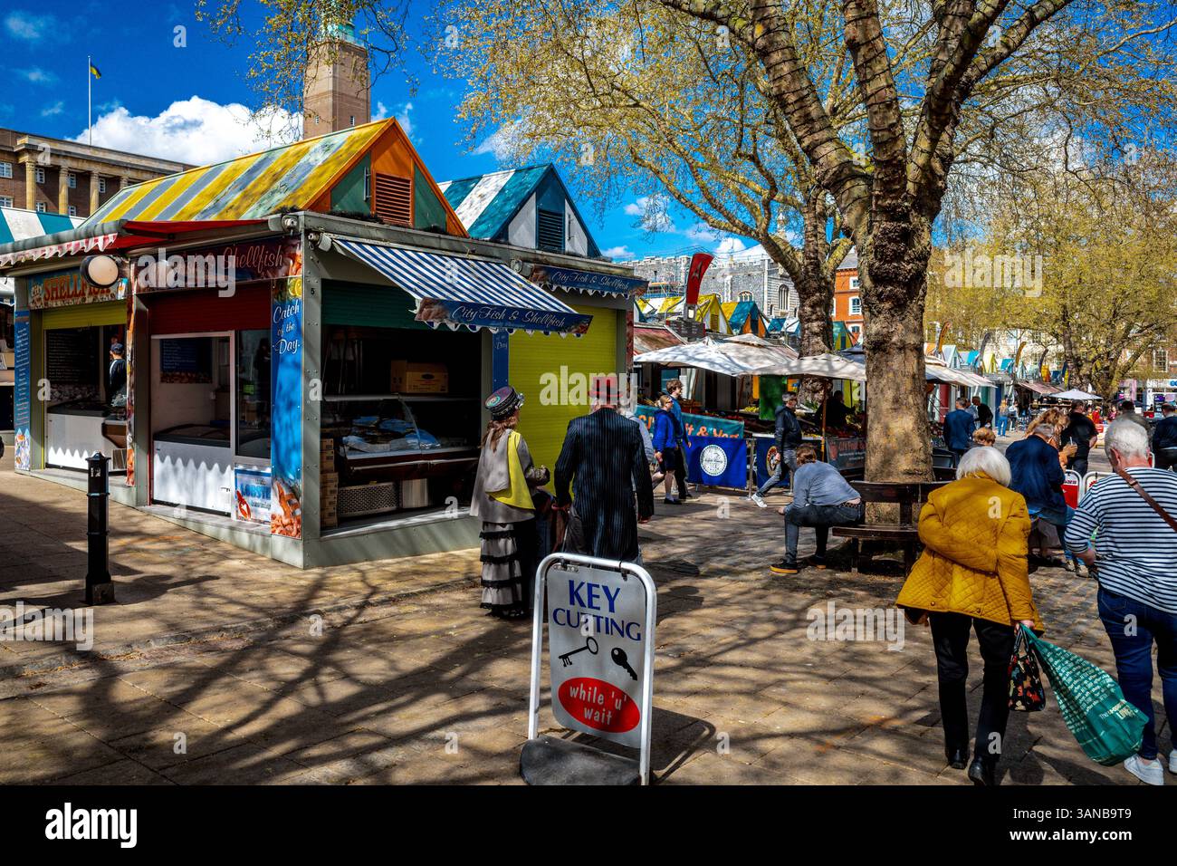 Mercato di Norwich nel centro di Norwich. Fondata alla fine dell'XI secolo con circa 200 bancarelle. Votato il miglior grande mercato all'aperto in Gran Bretagna. Foto Stock