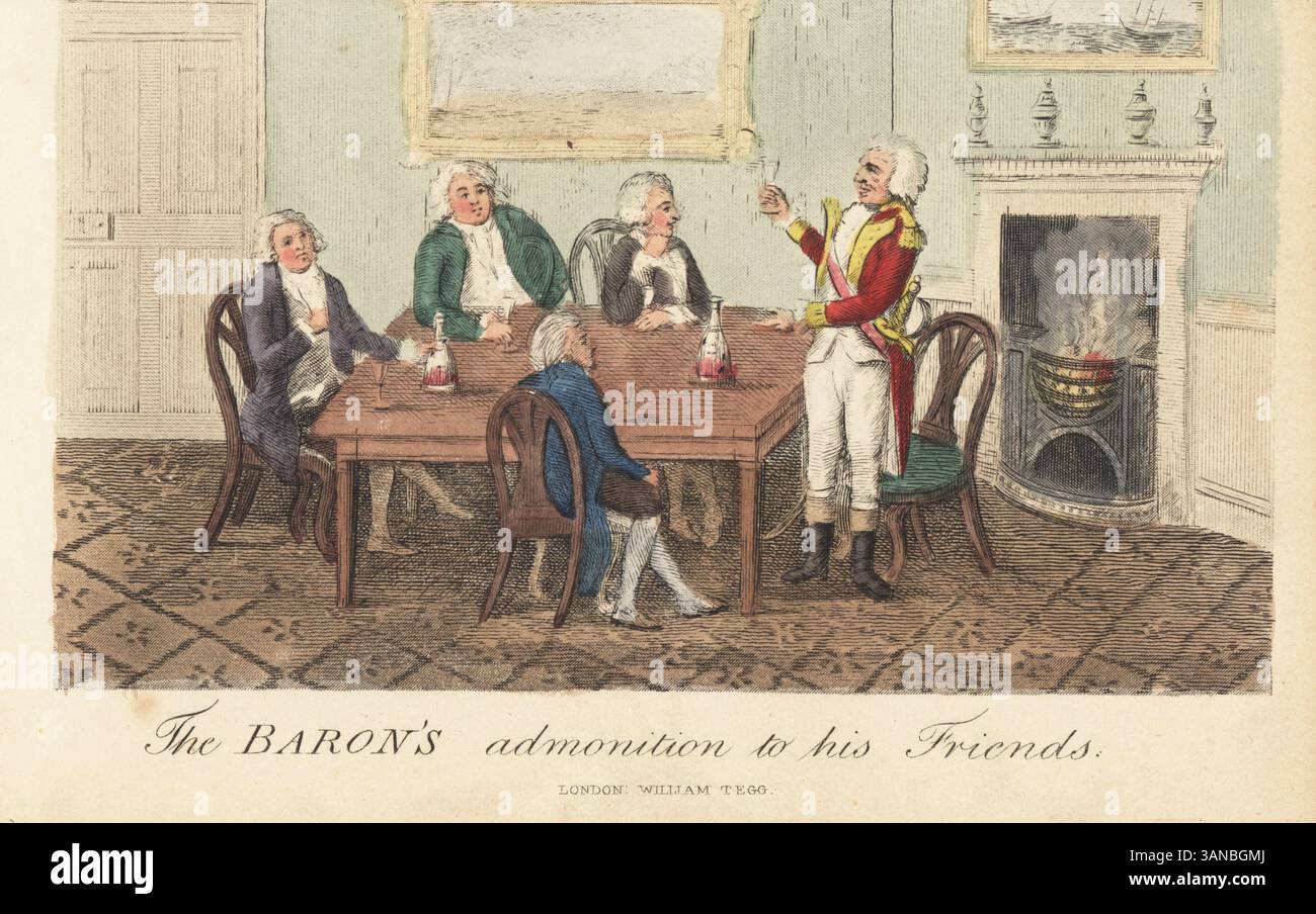 Il barone Munchausen beve con i suoi amici, insistendo che le sue storie selvagge sono tutte vere. Barone in parrucca in polvere, cappotto militare rosso e stivali, in piedi a un tavolo. L'ammonizione del Barone ai suoi amici. Incisione a mano dopo un'illustrazione di Rudolf Erich Raspe da i suoi viaggi e avventure sorprendenti del barone Munchausen, William Tegg, Londra, 1877. Foto Stock