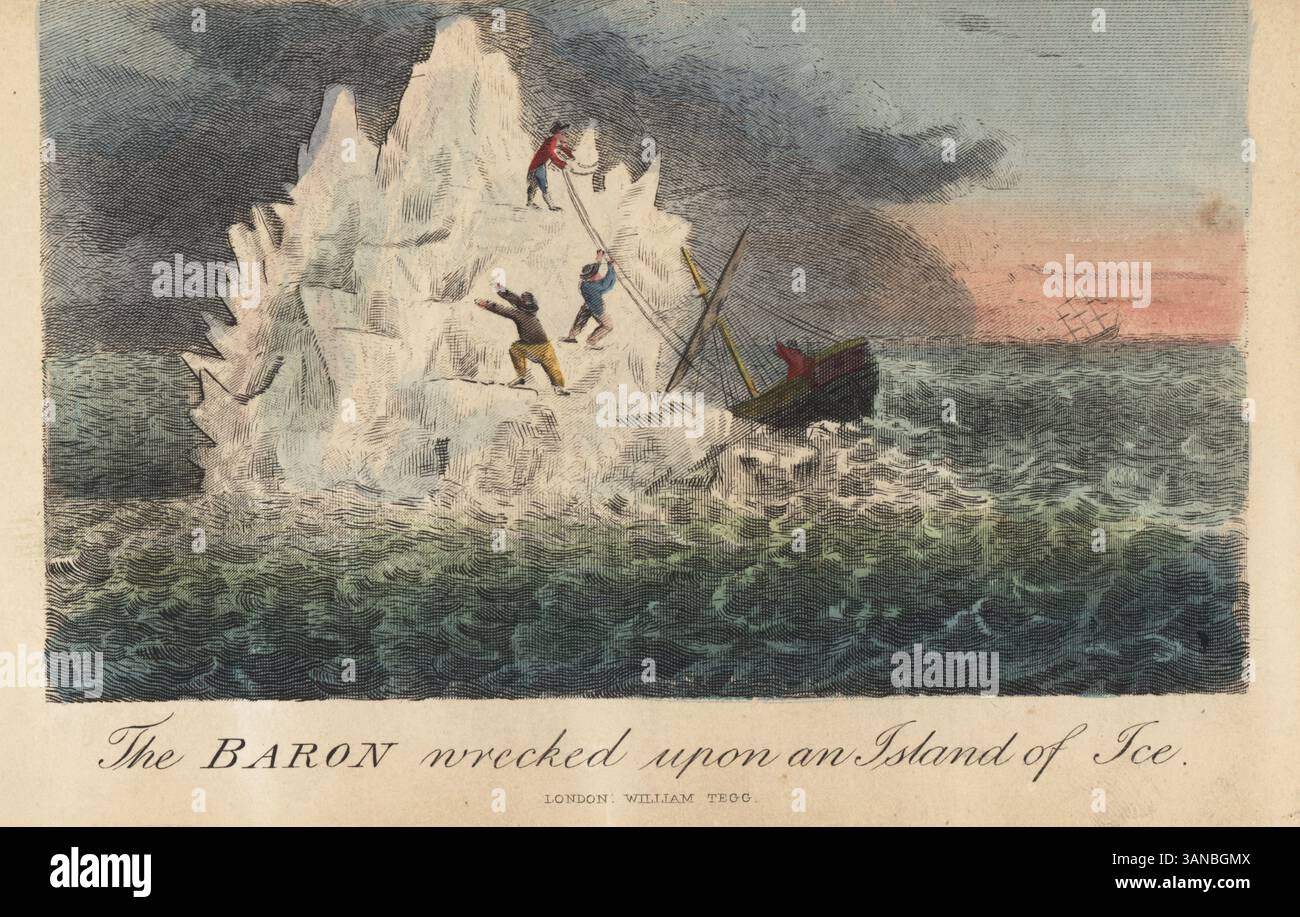 L'Indiaman del barone Munchausen naufragò su un iceberg. Il barone e i marinai scalano l'iceberg e attaccano le corde alla sua vetta. L'East Indiaman ha colpito un'area ghiacciata al largo della costa della Guinea, Africa occidentale. Il barone naufragò su un'isola di ghiaccio. Incisione a mano dopo un'illustrazione di Rudolf Erich Raspe da i suoi viaggi e avventure sorprendenti del barone Munchausen, William Tegg, Londra, 1877. Foto Stock