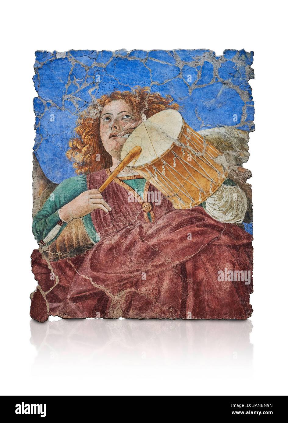 Frammento di un affresco rinascimentale sul soffitto dell'abside raffigurante un angelo donna che suona un tamburo rinascimentale. Rimossa dalla Basilica Santi Apostoli ( anche San Foto Stock