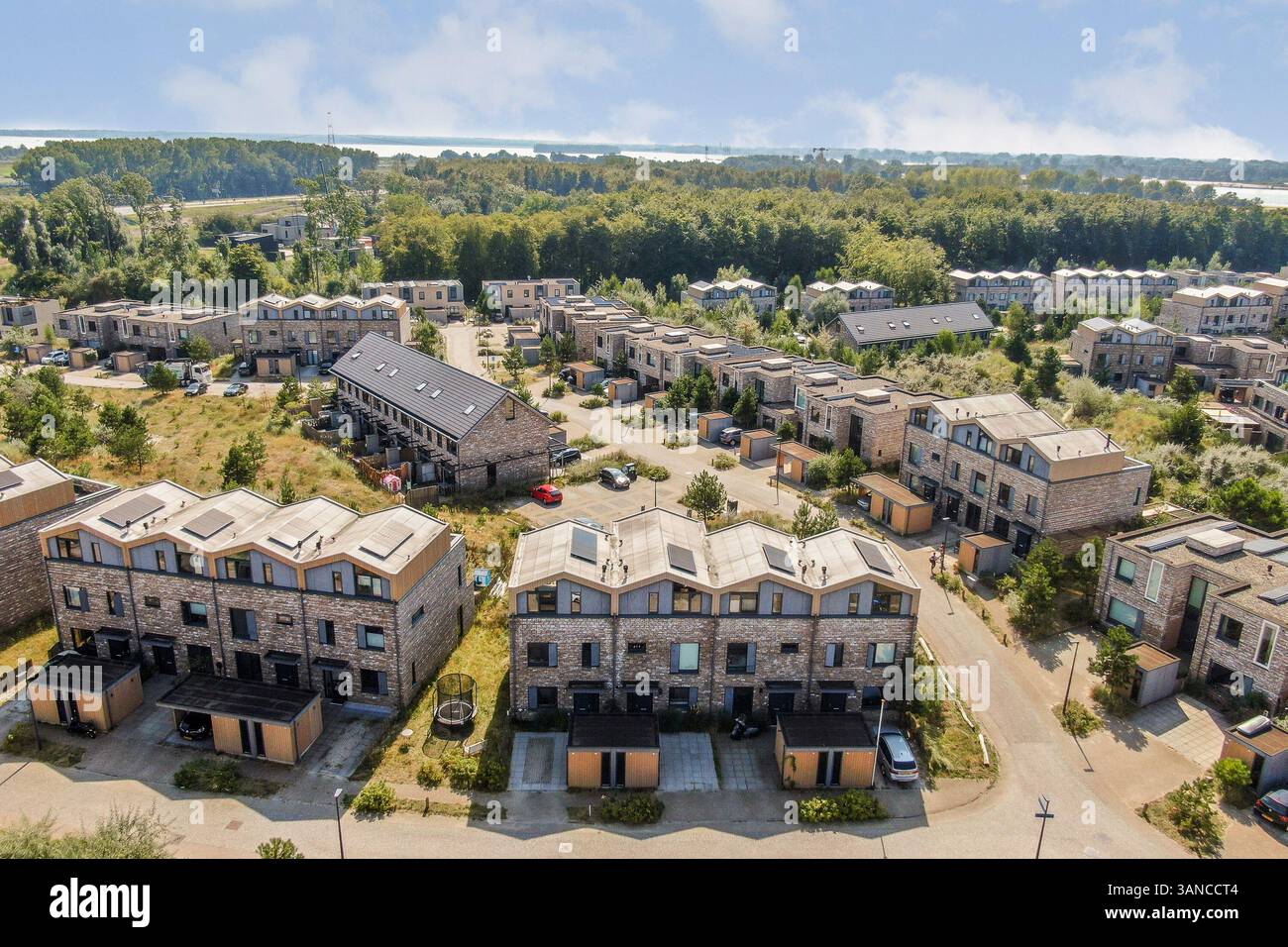 Questa immagine mostra una moderna comunità residenziale, evidenziando design architettonici unici, vegetazione e layout ben pianificati in un ambiente sereno. Foto Stock
