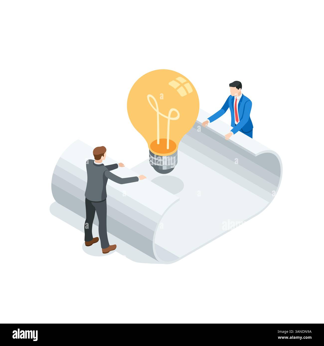uomini d'affari vettoriali isometrici che srotolano un foglio di carta al centro del quale c'è una lampadina luminosa, a colori su sfondo bianco, una nuova i Illustrazione Vettoriale