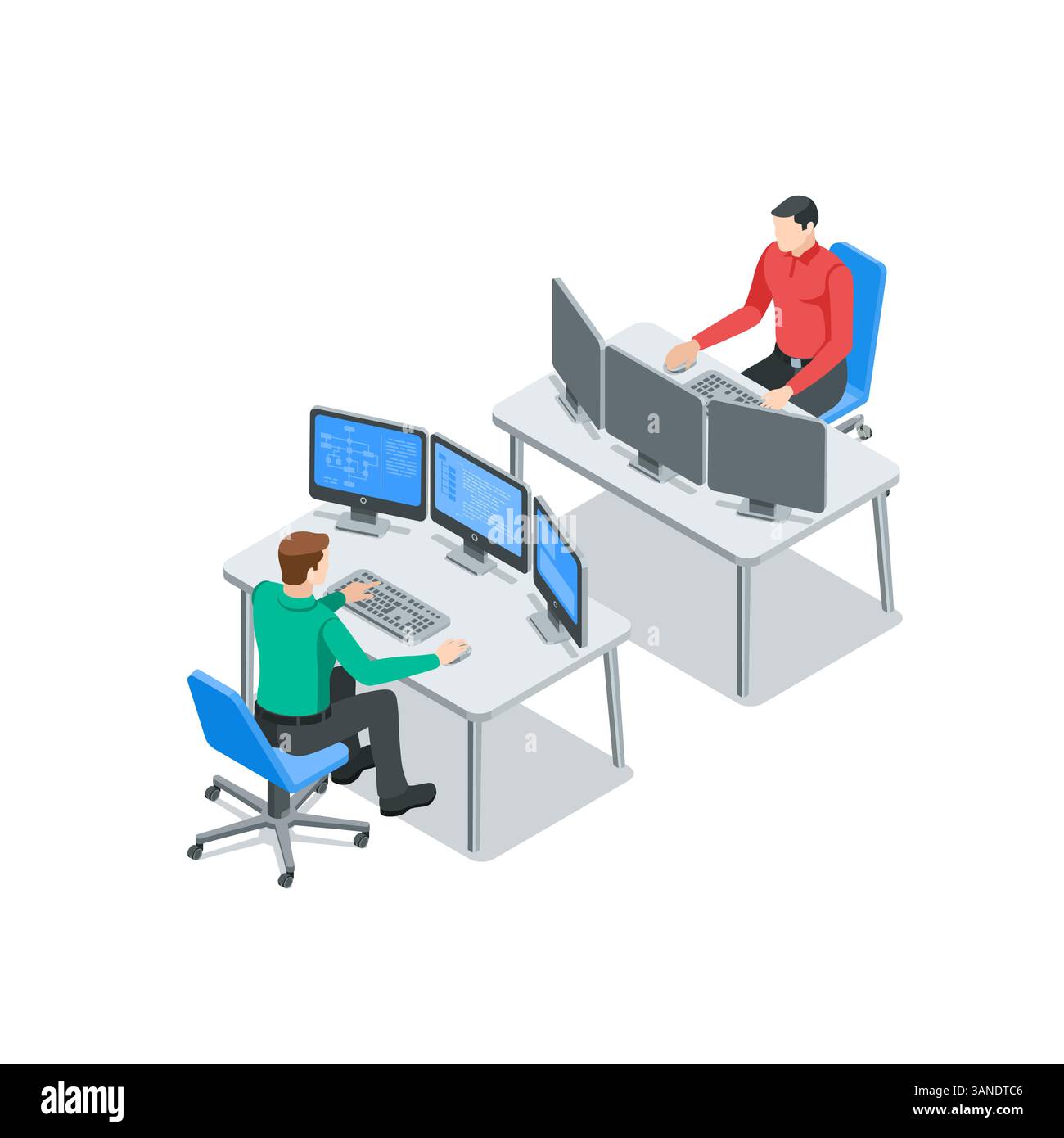 uomini vettoriali isometrici che lavorano a un tavolo con tre monitor, a colori su uno sfondo bianco, un uomo di un computer o uno sviluppatore di programmatori Illustrazione Vettoriale