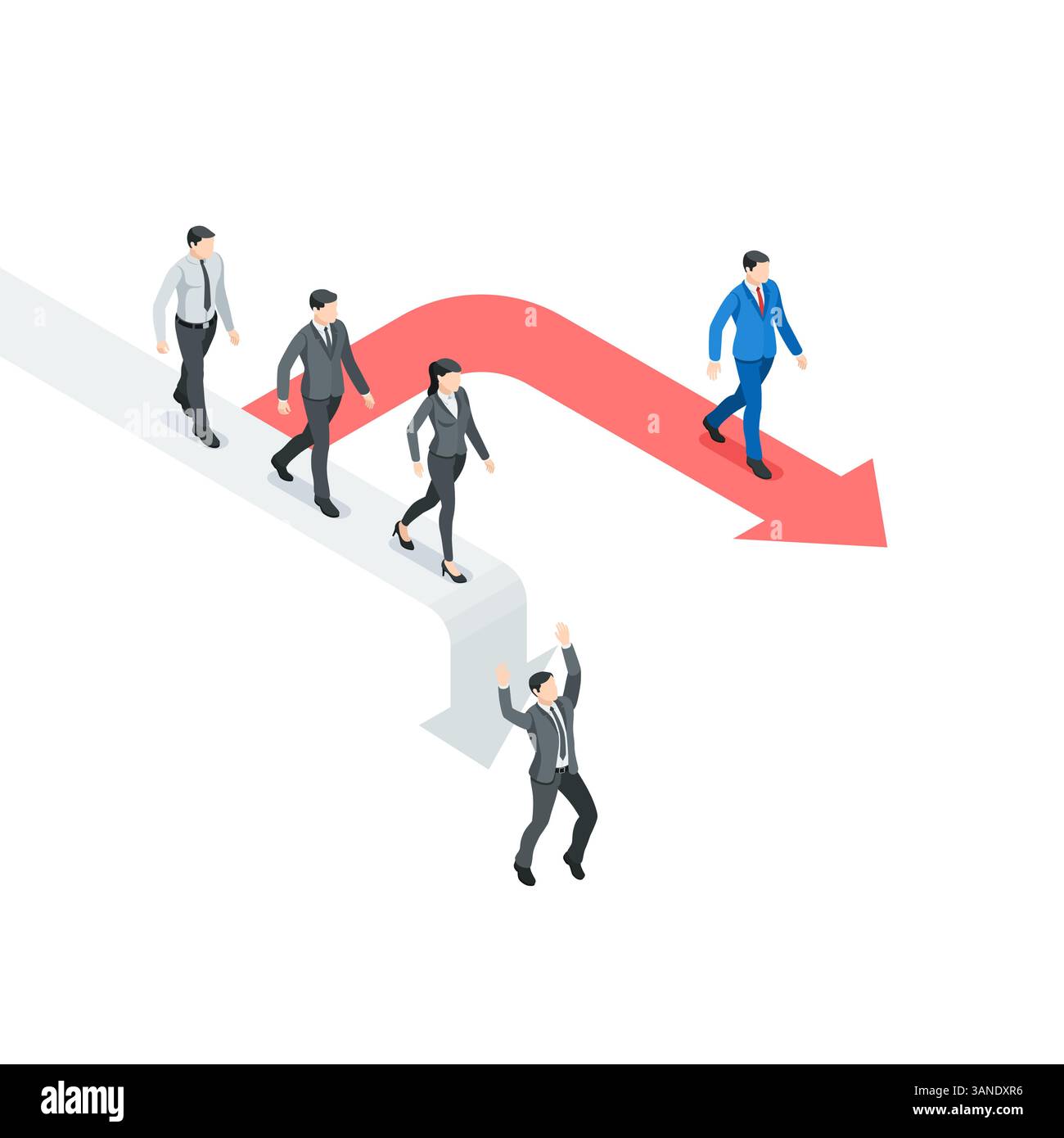 gli operatori del settore vettoriale isometrico seguono le frecce, una delle quali è a colori, su sfondo bianco, la giusta strada per il successo o il successo e fa Illustrazione Vettoriale