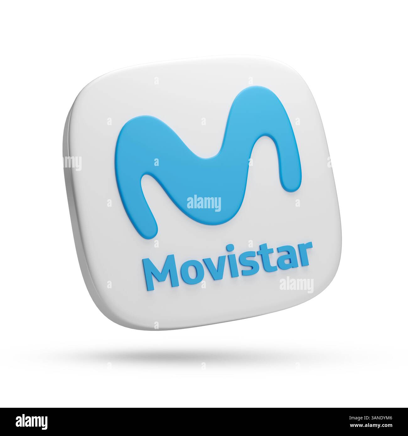 Buenos Aires, Argentina - 4 aprile 2025: Logo Movistar in tre dimensioni isolato su sfondo bianco. Illustrazione 3D. Foto Stock