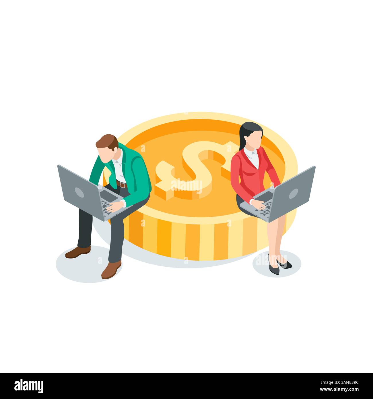 uomo d'affari vettoriale isometrico e donna che lavora su un notebook seduto su una moneta da un dollaro, a colori su sfondo bianco, che lavora con la finanza o in acc Illustrazione Vettoriale
