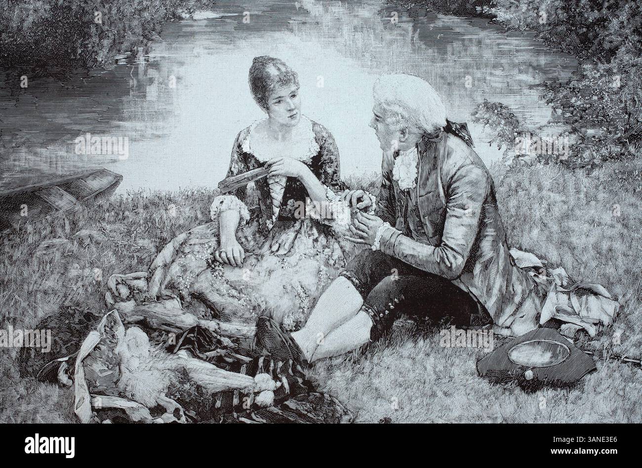 Giovani coppie sedute a un picnic vicino a un fiume, estate, all'aperto, nobili intorno al 1890, Francia, riproduzione digitale di un originale del XIX secolo, storico, Un uomo e una donna in abiti del XVIII secolo stanno facendo una conversazione in riva al fiume in una scena monocromatica e romantica Foto Stock