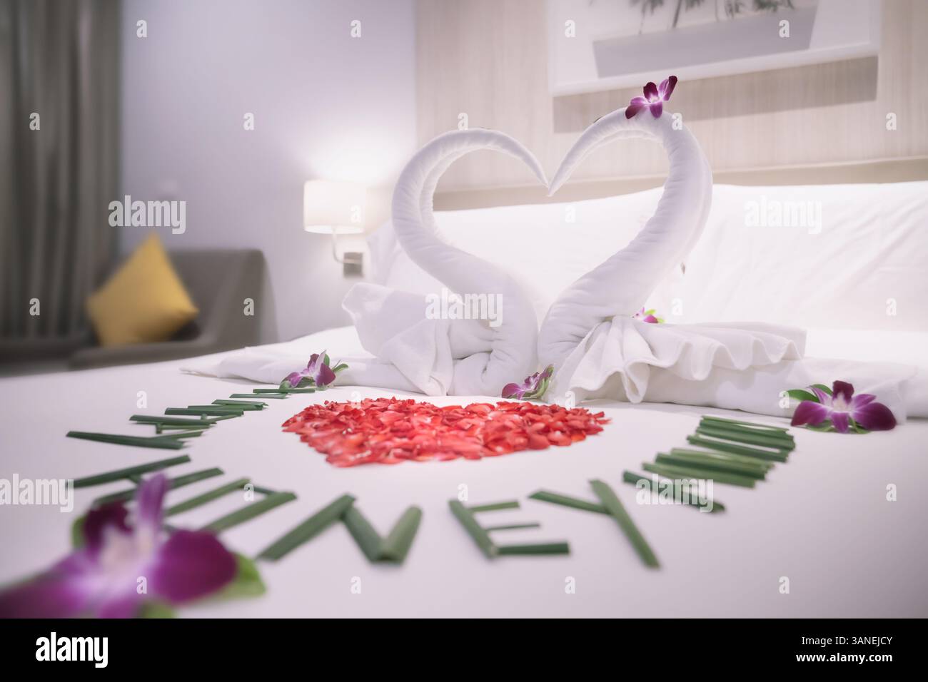 I cigni fatti di asciugamani sono un simbolo di amore e relazioni, e un cuore fatto di petali di rosa su un letto bianco per gli amanti in una camera d'albergo in primo piano. TH Foto Stock