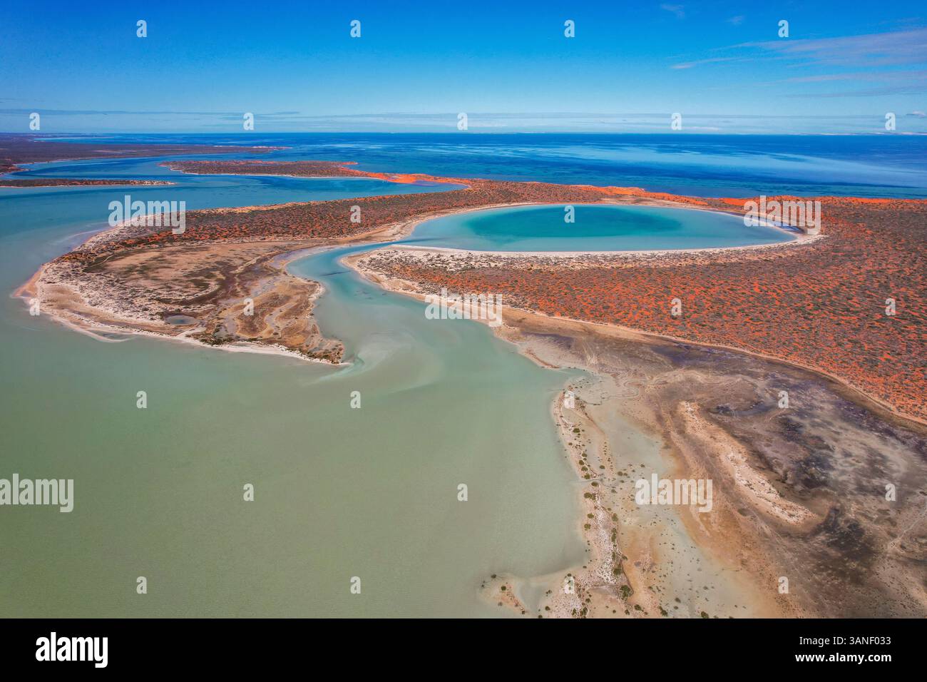Vista aerea della pittoresca Big Lagoon circondata da una costa tranquilla e da un vasto oceano, Shark Bay, Australia. Foto Stock