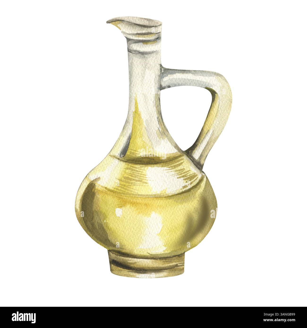 Vaso dell'olio in vetro con illustrazione gialla ad acquerello liquido. Clipart per utensili da cucina isolati disegnati a mano, caraffa trasparente con manico per insalata greca dres Foto Stock