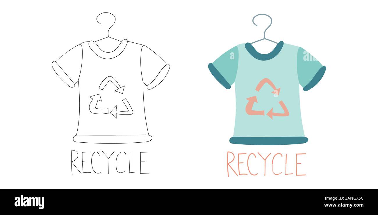 T-shirt blu pastello su appendiabiti con frecce riciclabili, che rappresenta la moda ecologica, il riutilizzo dei tessuti e scelte di guardaroba consapevoli per una vita sostenibile Illustrazione Vettoriale