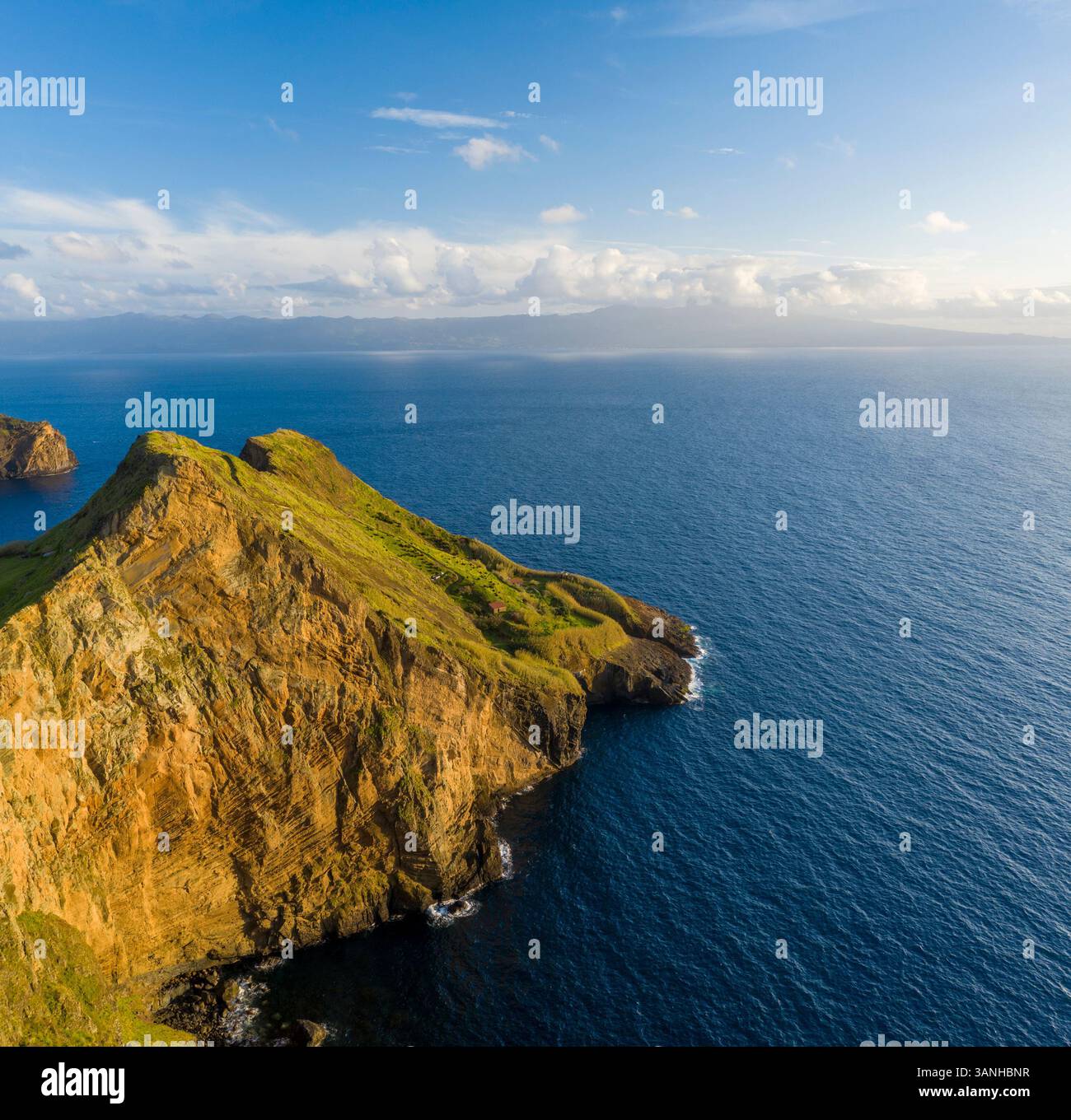 Vista aerea della scogliera che si affaccia sull'oceano, Baìa de Entre Morros, isola di Sao Jorge, Velas, Azzorre, Portogallo. Foto Stock