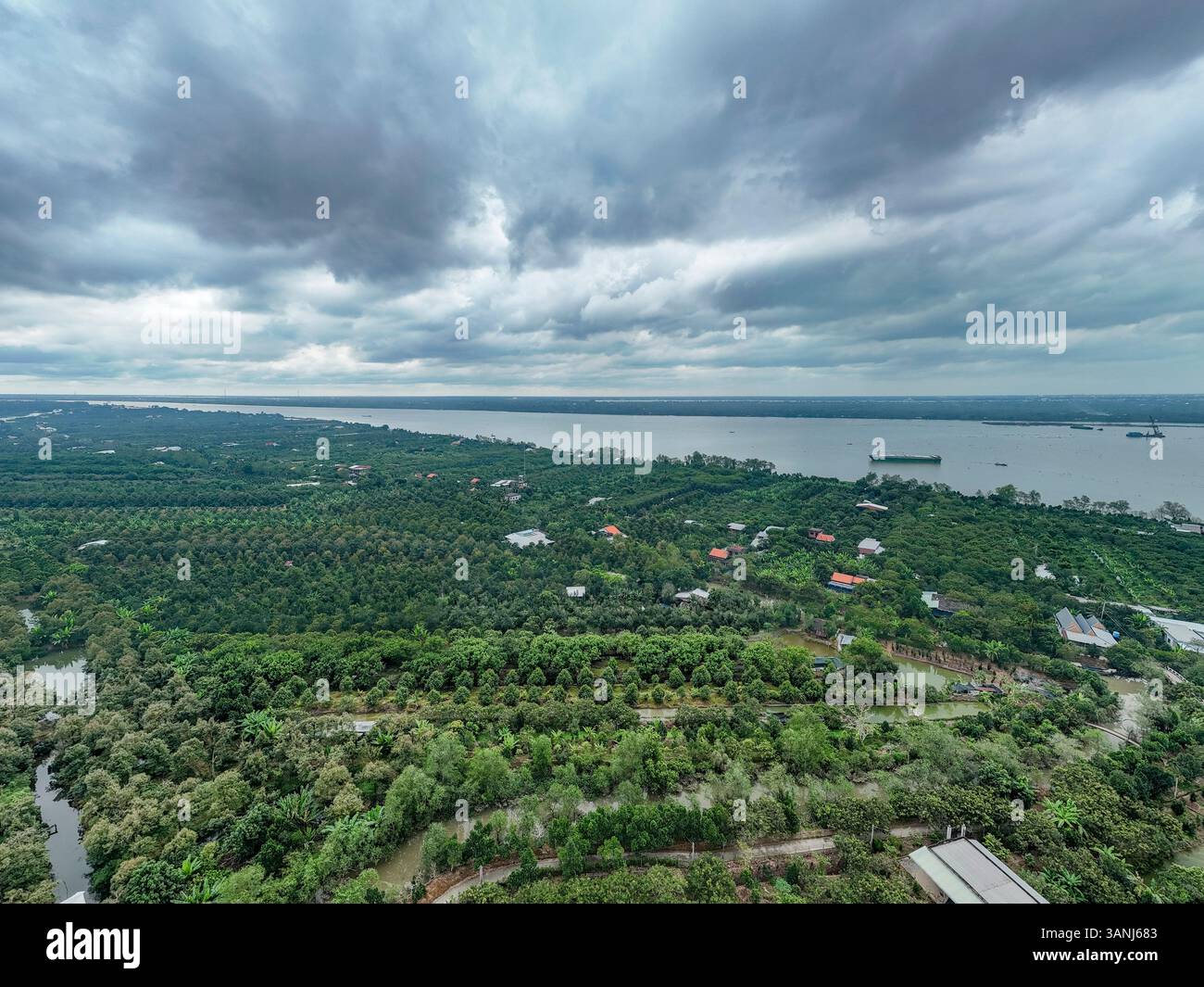 Vista aerea della lussureggiante foresta verde e di un fiume serpeggiante sotto un cielo nuvoloso, Tan Phong, Cai Lay, Tien Giang, Vietnam. Foto Stock