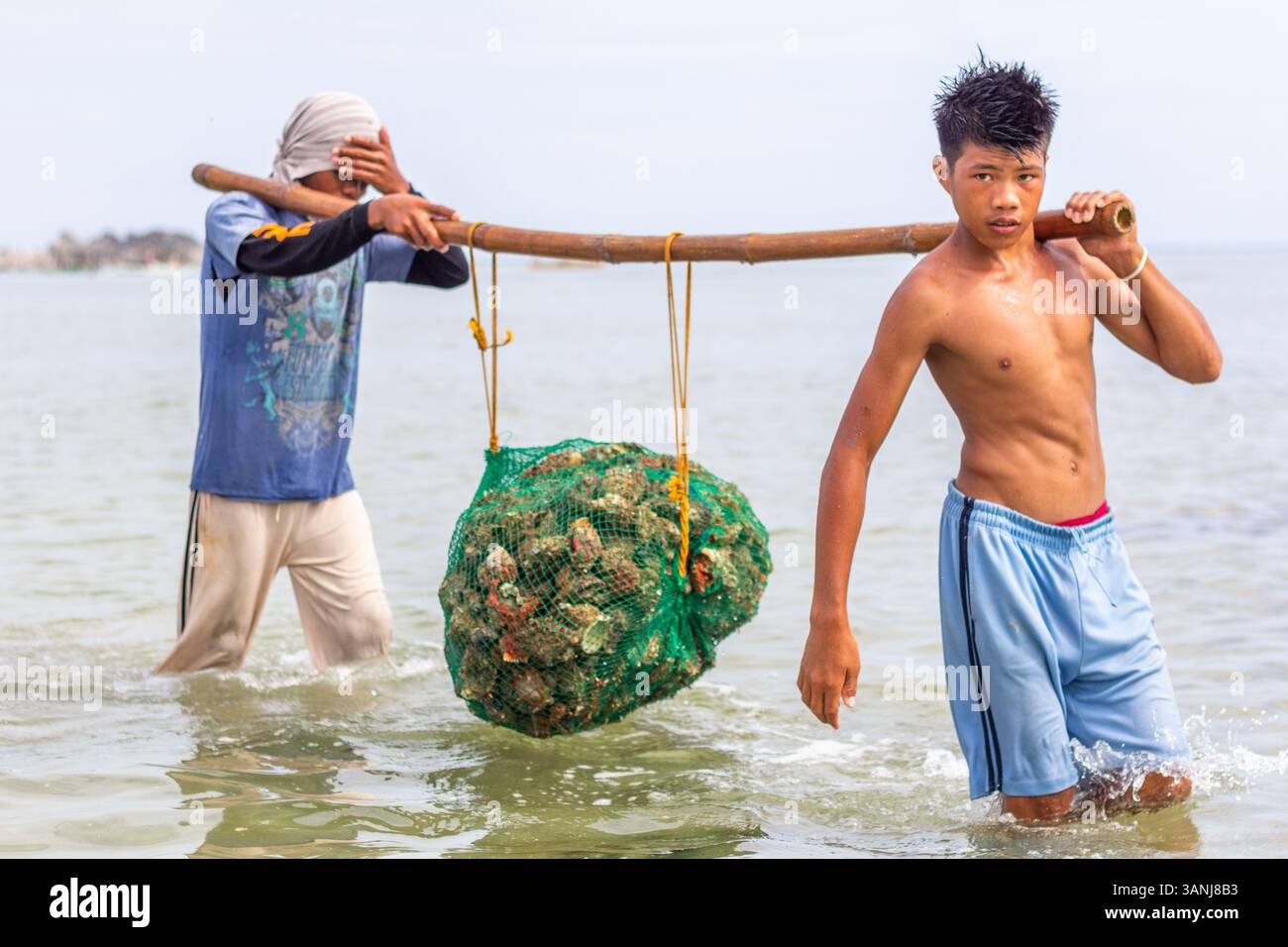Pescatori filippini che trasportano conchiglie di capesante raccolte da barca a riva nelle isole Gigantes, Iloilo, Filippine Foto Stock