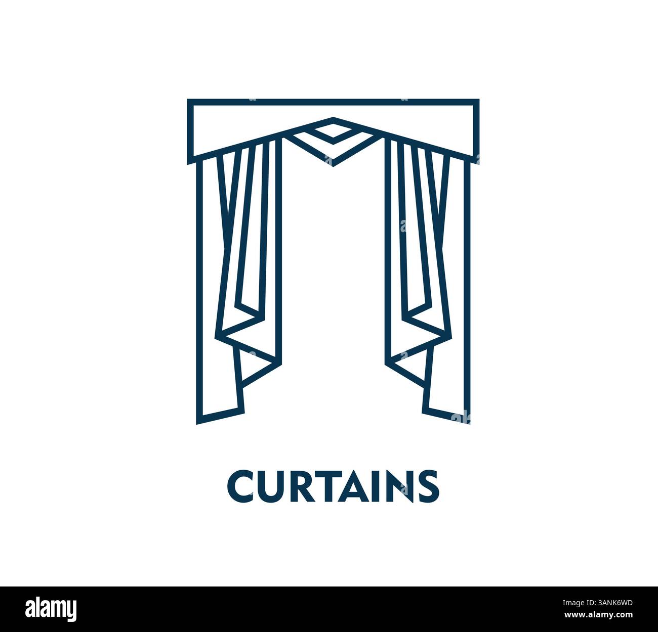 Icona della tenda del teatro in linea sottile per il teatro dell'opera o la sala concerti, emblema vettoriale. Il contorno delle tende è simbolo di spettacoli musicali o spettacoli teatrali, teatro dell'opera o prima del cinema Illustrazione Vettoriale
