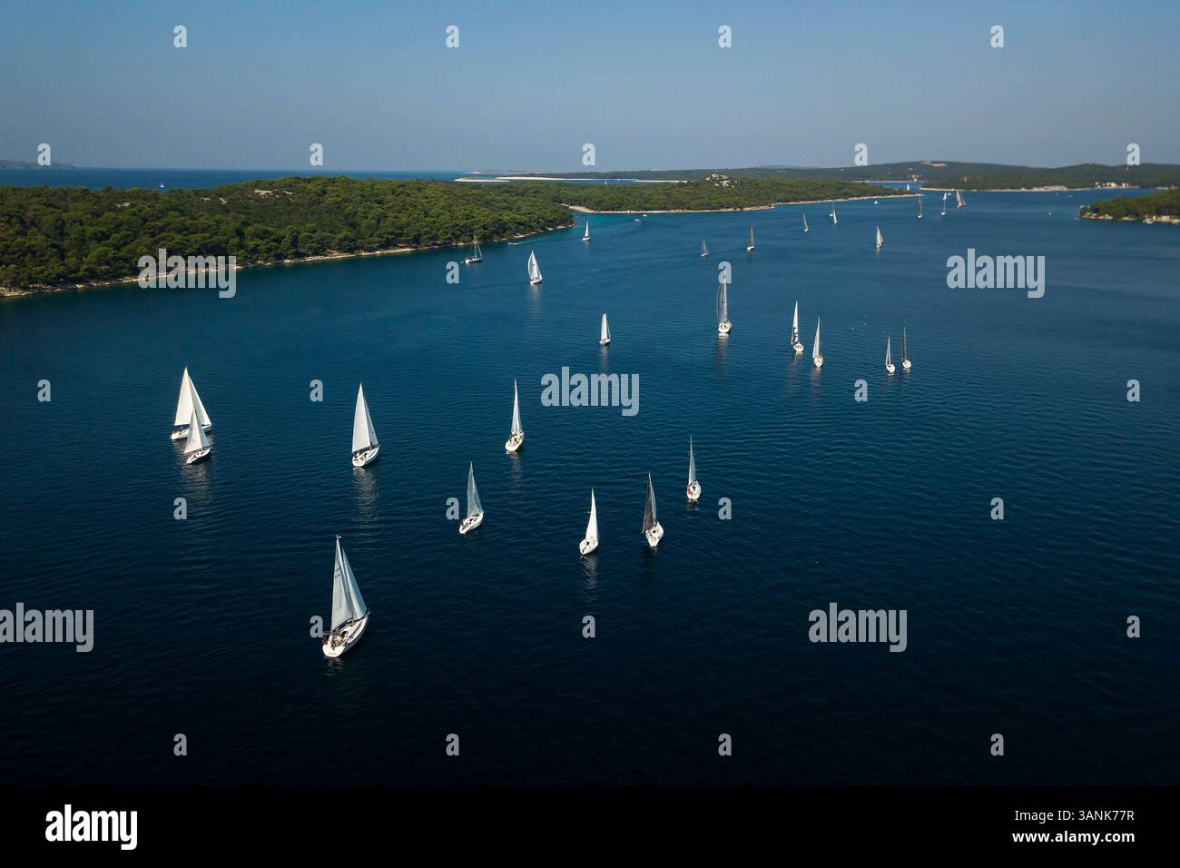 Vista aerea delle barche a vela per una regata lungo la costa di Zara con la splendida costa adriatica e il mare turchese, la Croazia. Foto Stock