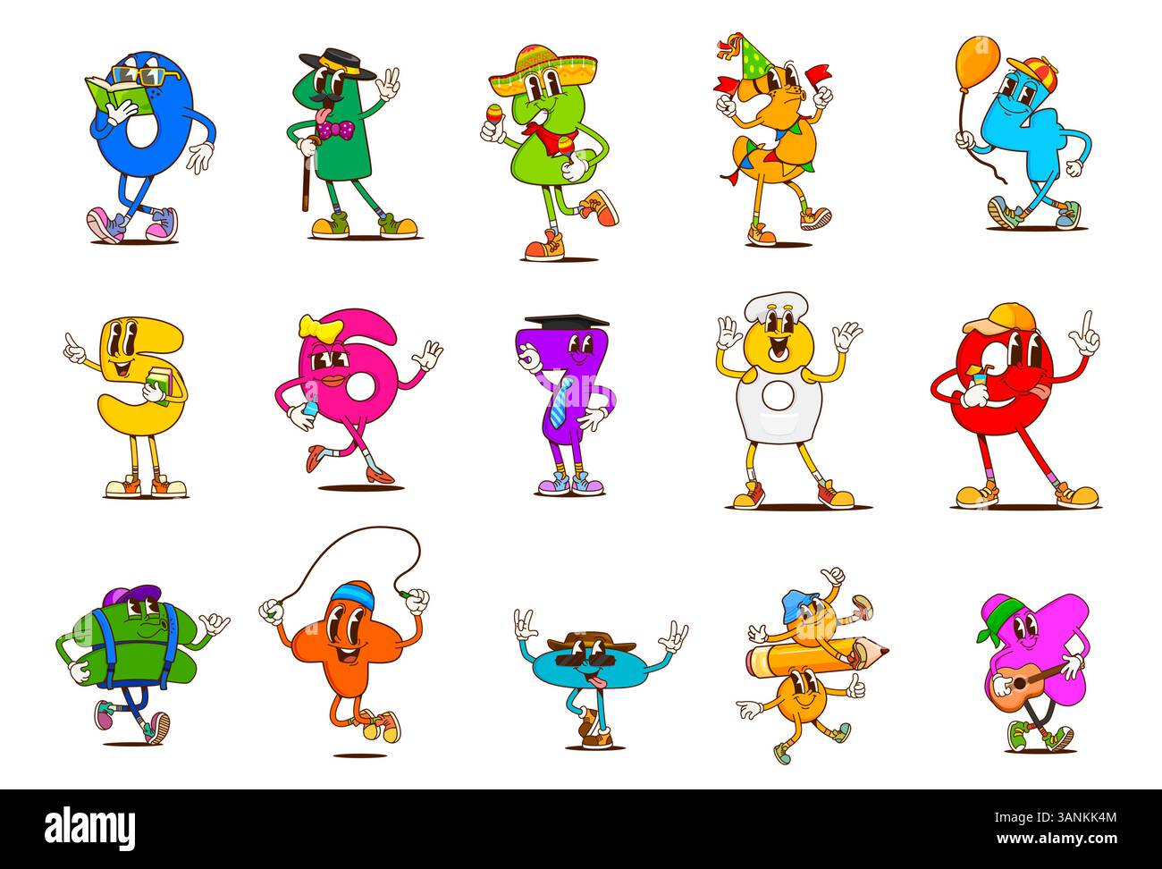 I numeri matematici dei cartoni animati sono personaggi gozzi, simboli matematici hippie felici e personaggi vettoriali con cifre psichedeliche. Numeri di Growy che si divertono alla festa, suonano la chitarra e leggono libri, educano i bambini Illustrazione Vettoriale