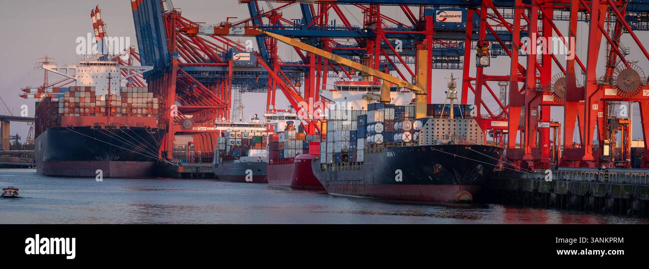 Terminal dei container al porto di Amburgo con luce serale Foto Stock