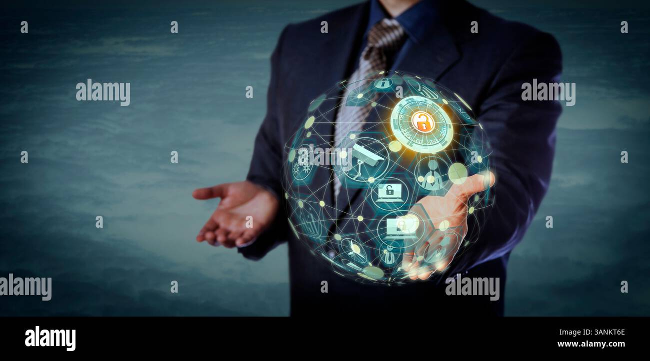 Blue chip manager che possiede un modello virtuale a forma di globo di un sistema fisico cibernetico. Concetto di tecnologia dell'informazione per l'Internet delle cose, internetwor Foto Stock