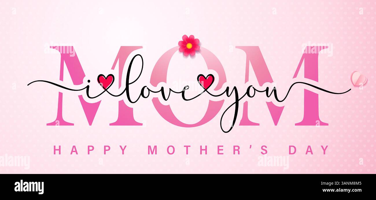 MAMMA ti amo, Happy Mothers Day, il concetto di pennello calligrafico. Ti amo Mamma tipografia e cuore con un bellissimo fiore rosa di margherite. Scheda vettoriale Illustrazione Vettoriale