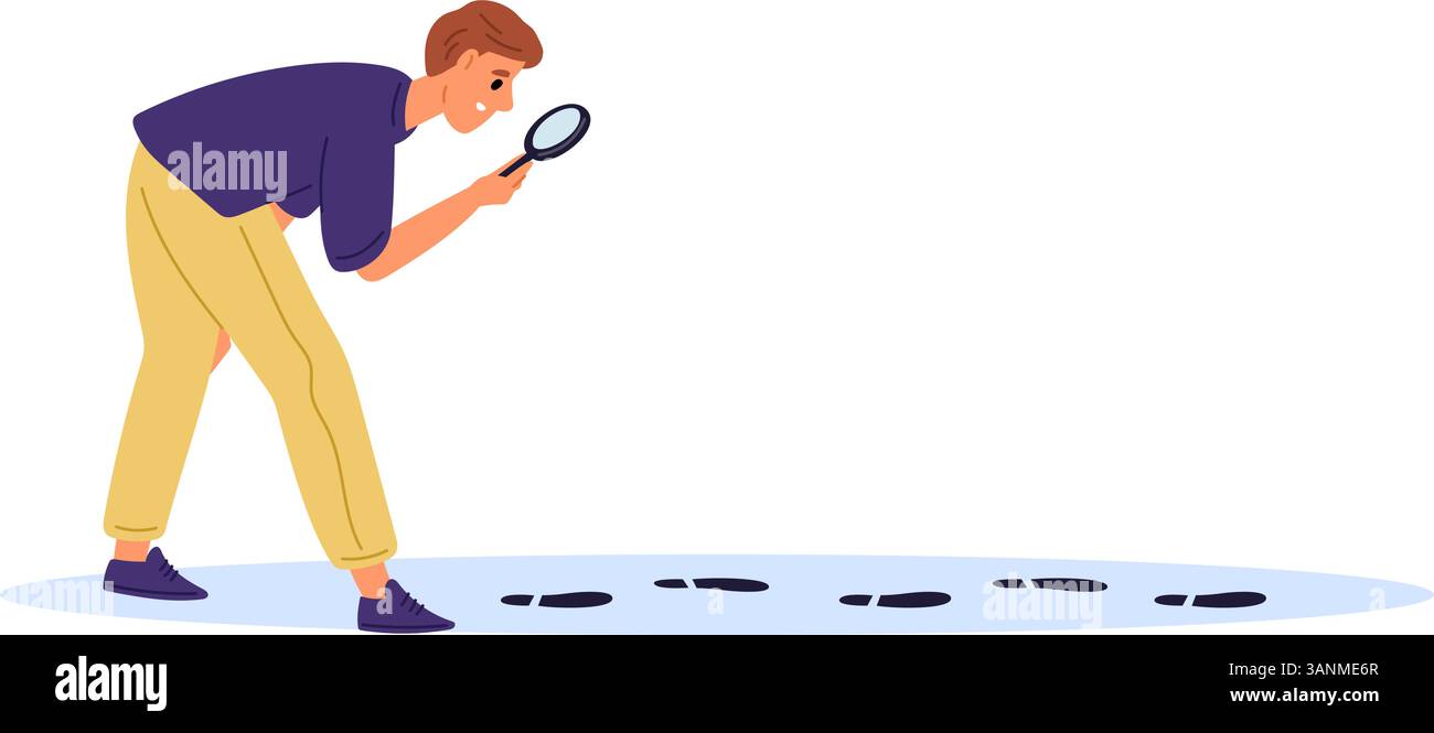 Uomo con lente d'ingrandimento esamina le impronte umane. Ragazzo che insegue i passi. Detective, concentrati. La ricerca di prove. Fase di ricerca e analisi dell'investigatore Illustrazione Vettoriale