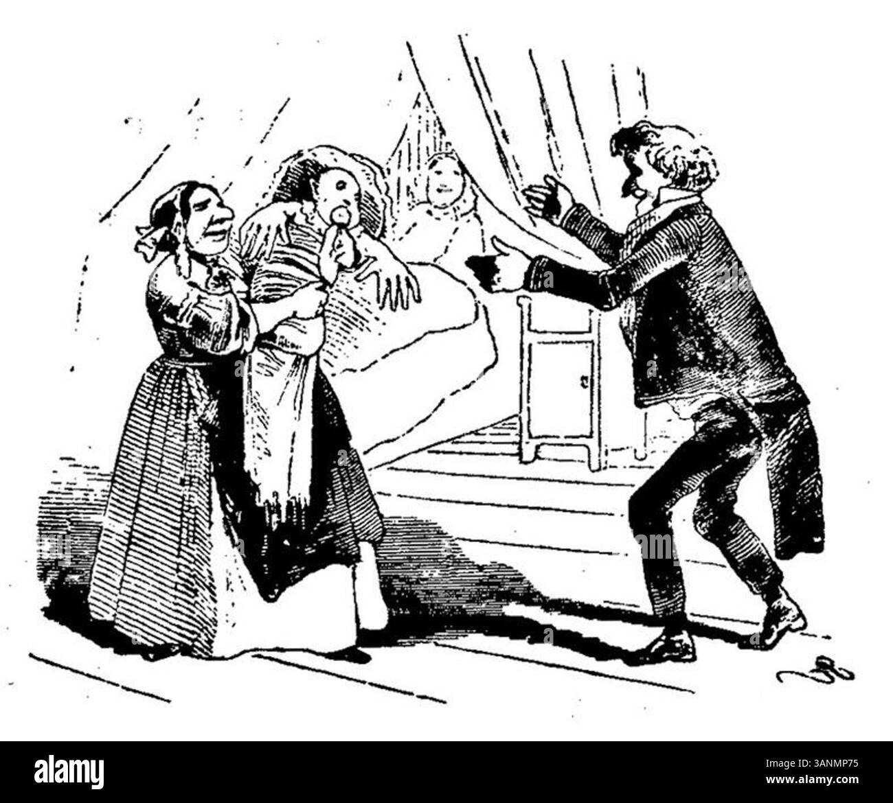 Illustrazione dalla rivista 'Fliegende Blätter', volume 2, numero 39, di Carl Stauber, datato 1846, raffigurante una scena umoristica della cultura tedesca del XIX secolo. Foto Stock