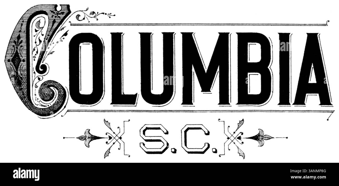 Una mappa dell'assicurazione antincendio di Columbia, Carolina del Sud, datata febbraio 1884. La mappa, parte di una serie più ampia, fornisce informazioni dettagliate sulle infrastrutture, gli edifici e le valutazioni del rischio di incendio della città durante la fine del XIX secolo. Foto Stock
