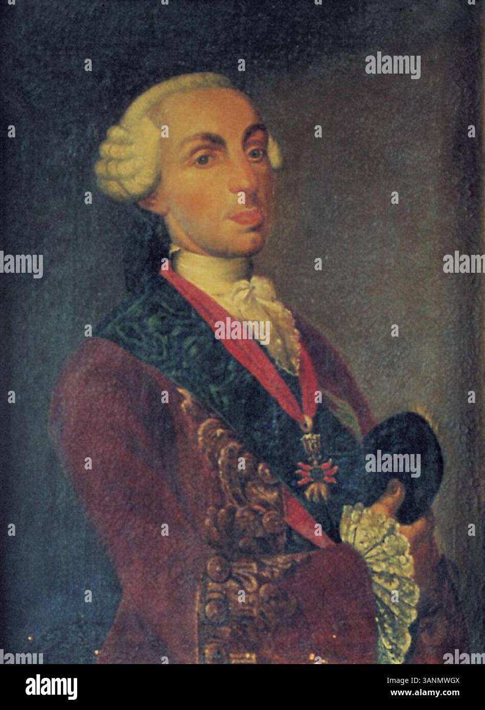 Un ritratto di Filippo i, duca di Parma (1720-1765), dipinto da un artista non identificato a metà del XVIII secolo. Il duca è raffigurato in una giacca rossa con bordature dorate, una camicia bianca con pizzo, una fascia blu in moiré e l'ordine del vello d'oro. Foto Stock