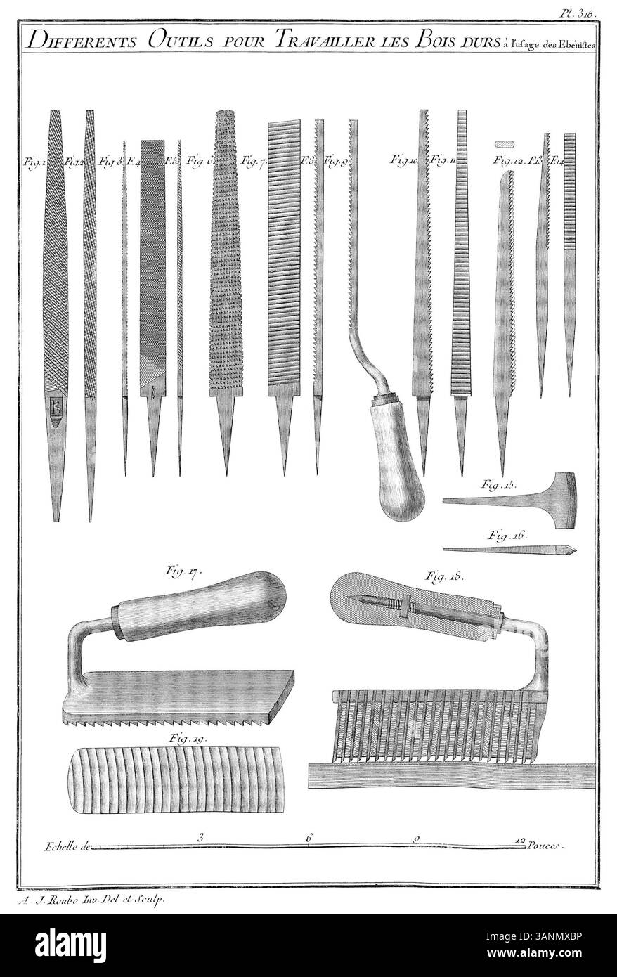 Questa incisione del 1774 di André Jacob Roubo illustra vari strumenti utilizzati per lavorare con i legni duri, un componente essenziale della lavorazione del legno nell'artigianato francese del XVIII secolo, pubblicato dall'Académie Royale des Sciences. Foto Stock