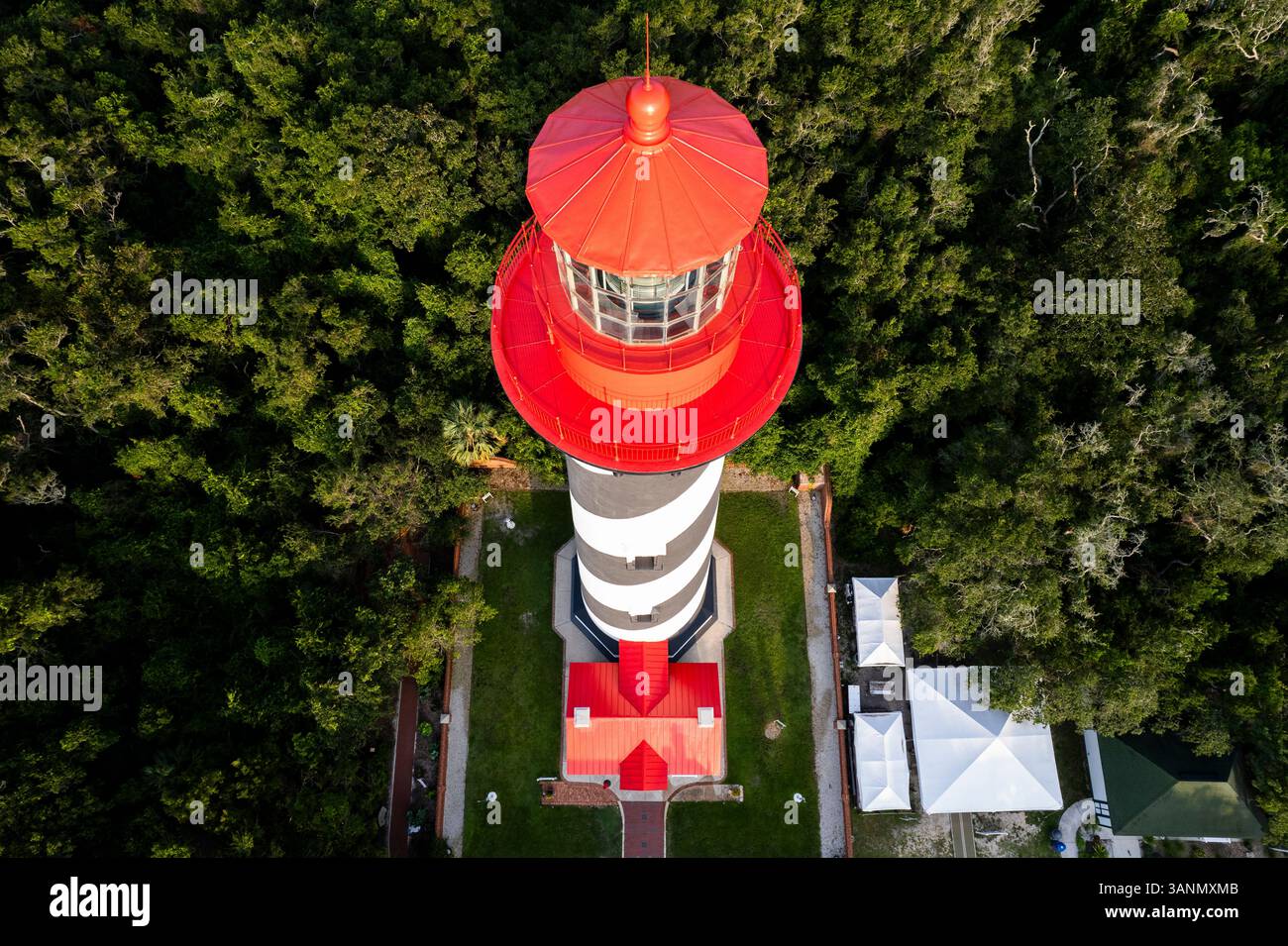 Vista aerea del faro di St. Augustine circondato da boschi e alberi, Lighthouse Park, St. Augustine, Florida, Stati Uniti. Foto Stock