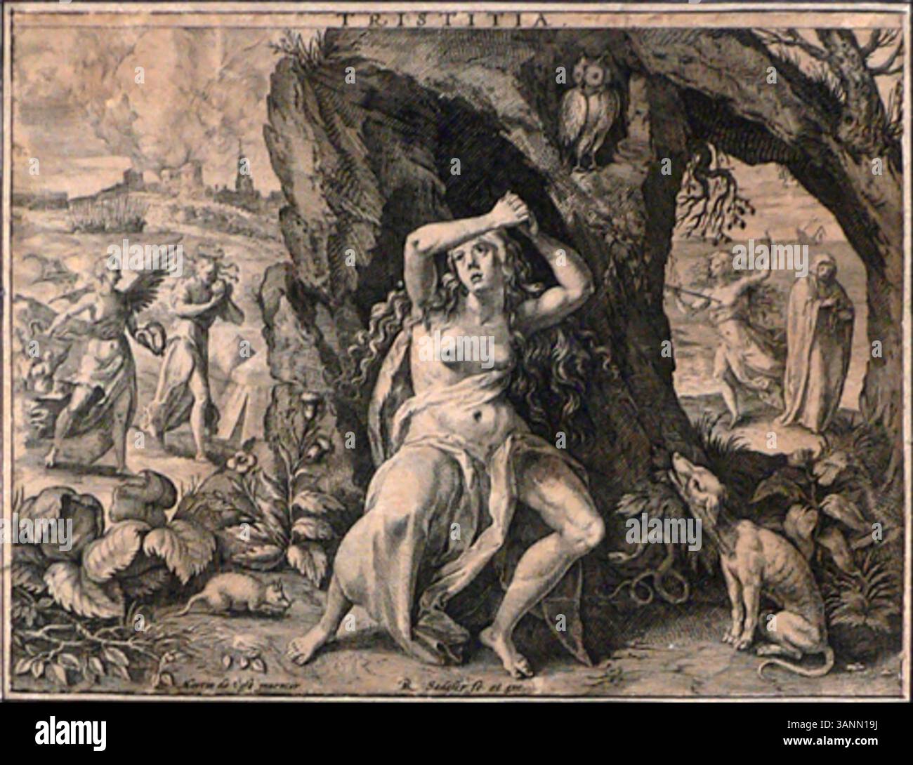 La stampa "Tristitia (tristezza)" di Raffaello Sadeler il Vecchio, basata sull'opera di Marten de Vos, ritrae una figura malinconica. La stampa riflette l'umore cupo e la profondità emotiva dello stile tardo rinascimentale. Foto Stock