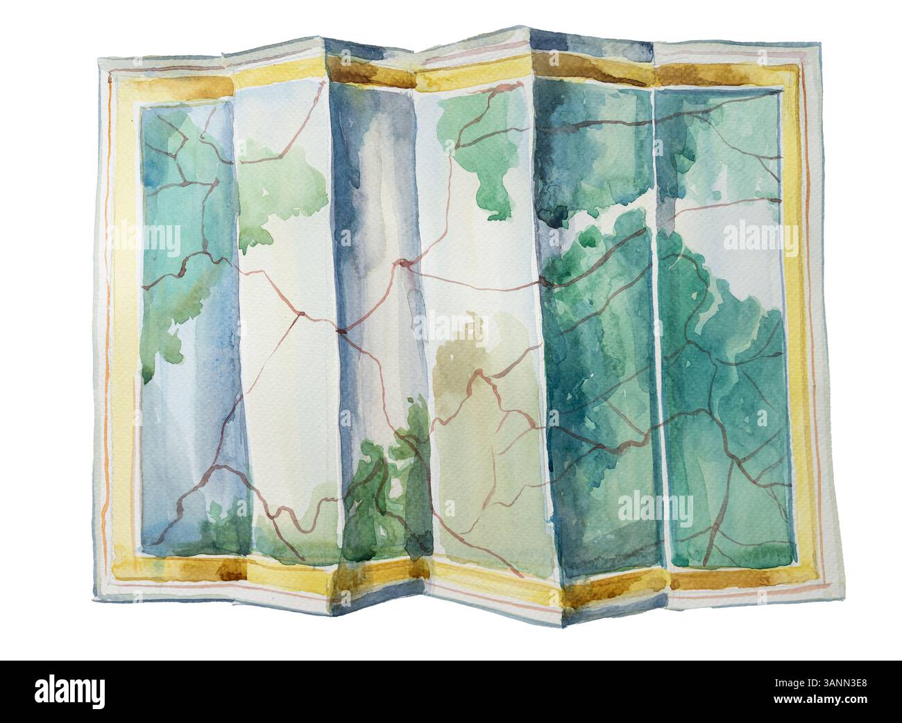 Una vecchia cartina stradale. Mappa di viaggio illustrazione ad acquerello dipinta a mano. Foto Stock