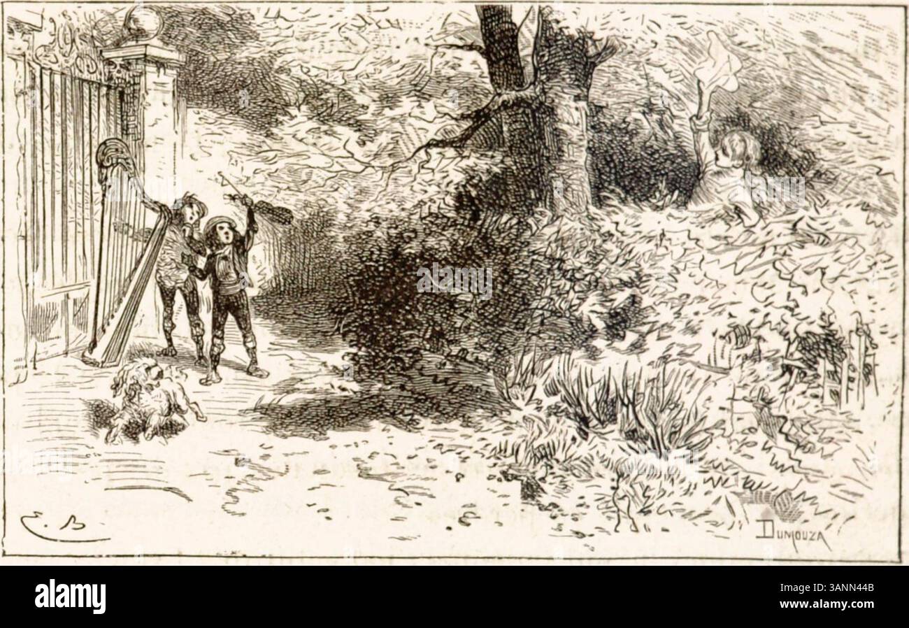 Questa stampa su legno di Sans famille di Hector Malot mostra Rémi e Mattia che corrono verso un fazzoletto ondulato, portando alla loro riunione con Lise in Svizzera. La scena cattura la tensione e la speranza della riunione. Creato nel 1880. Foto Stock