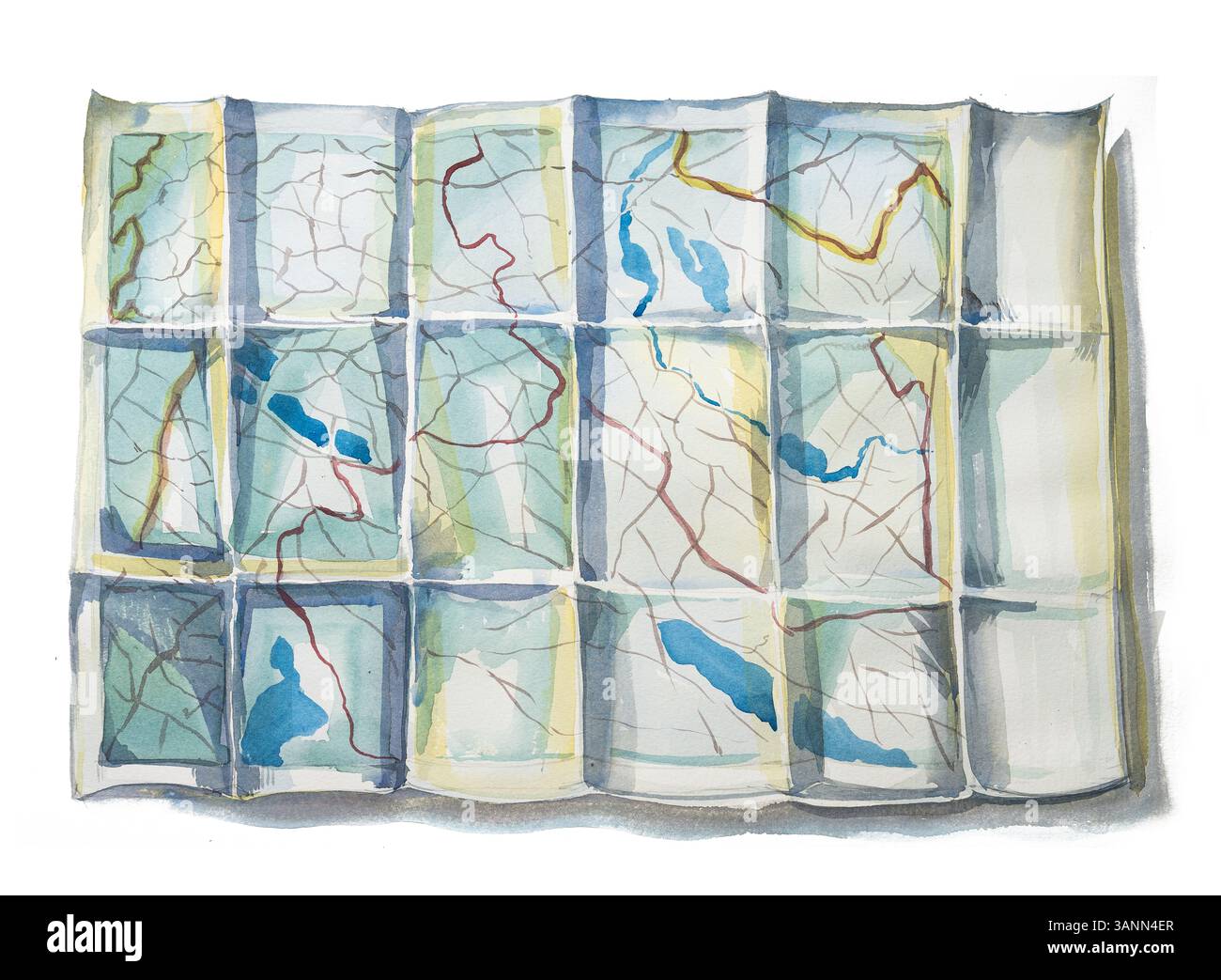 Una vecchia cartina stradale. Mappa di viaggio illustrazione ad acquerello dipinta a mano. Foto Stock