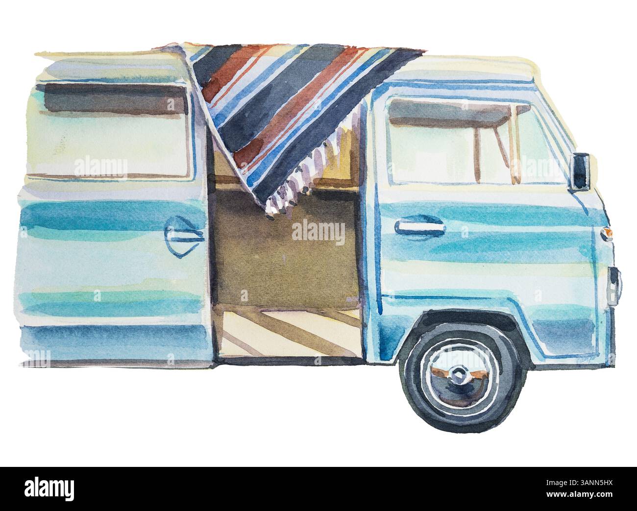 Camper d'epoca dipinto a mano ad acquerello isolato su uno sfondo bianco. Illustrazione concetto turistico. Design camper. Foto Stock