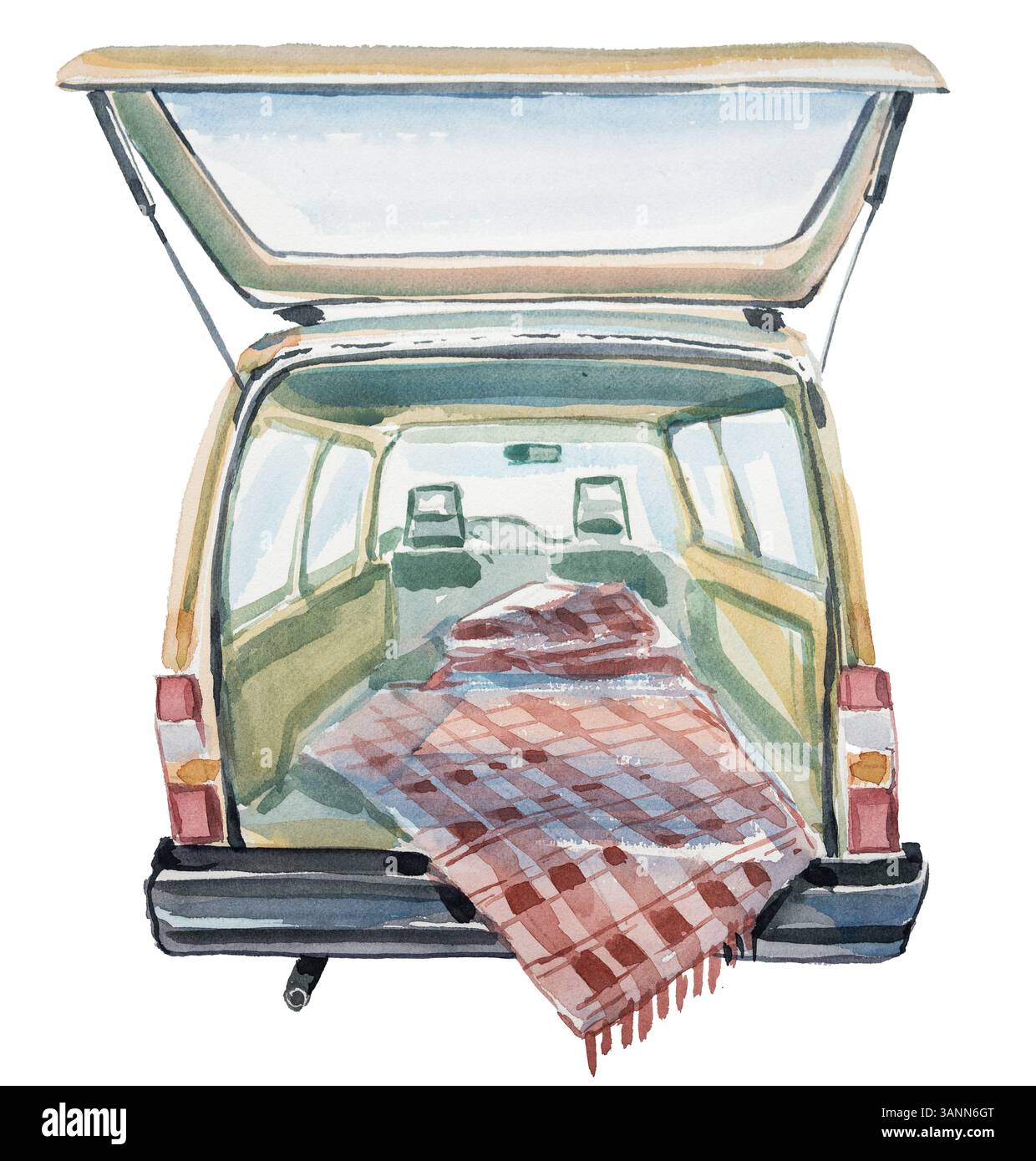 Camper d'epoca dipinto a mano ad acquerello isolato su uno sfondo bianco. Illustrazione concetto turistico. Design camper. Foto Stock