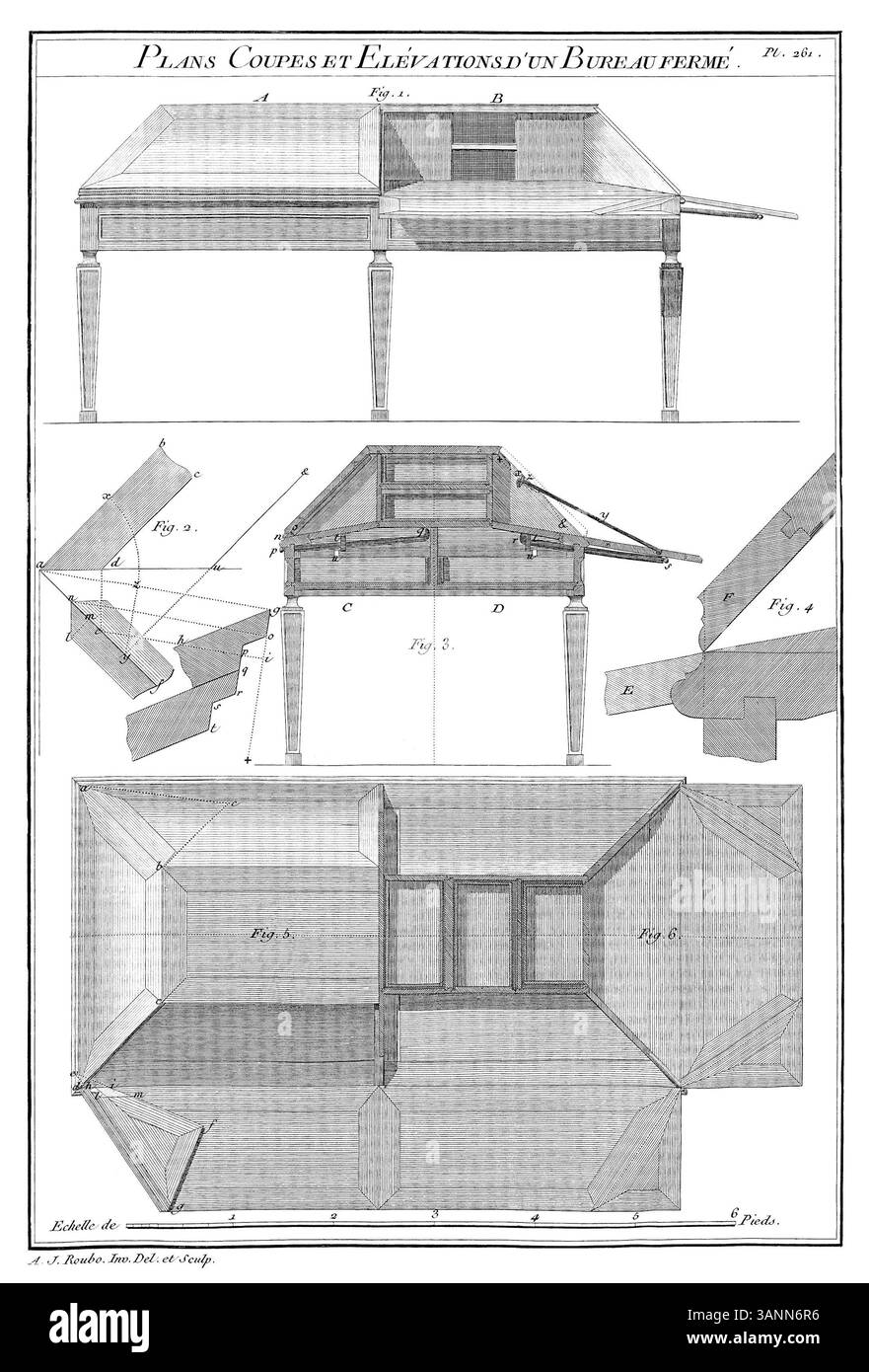 L'incisione del 1772 di André Jacob Roubo da "l'Art du Menuisier" illustra i disegni di un ufficio chiuso con piani e altezze dettagliati, mostrando l'artigianato francese del XVIII secolo nel design dei mobili. Foto Stock