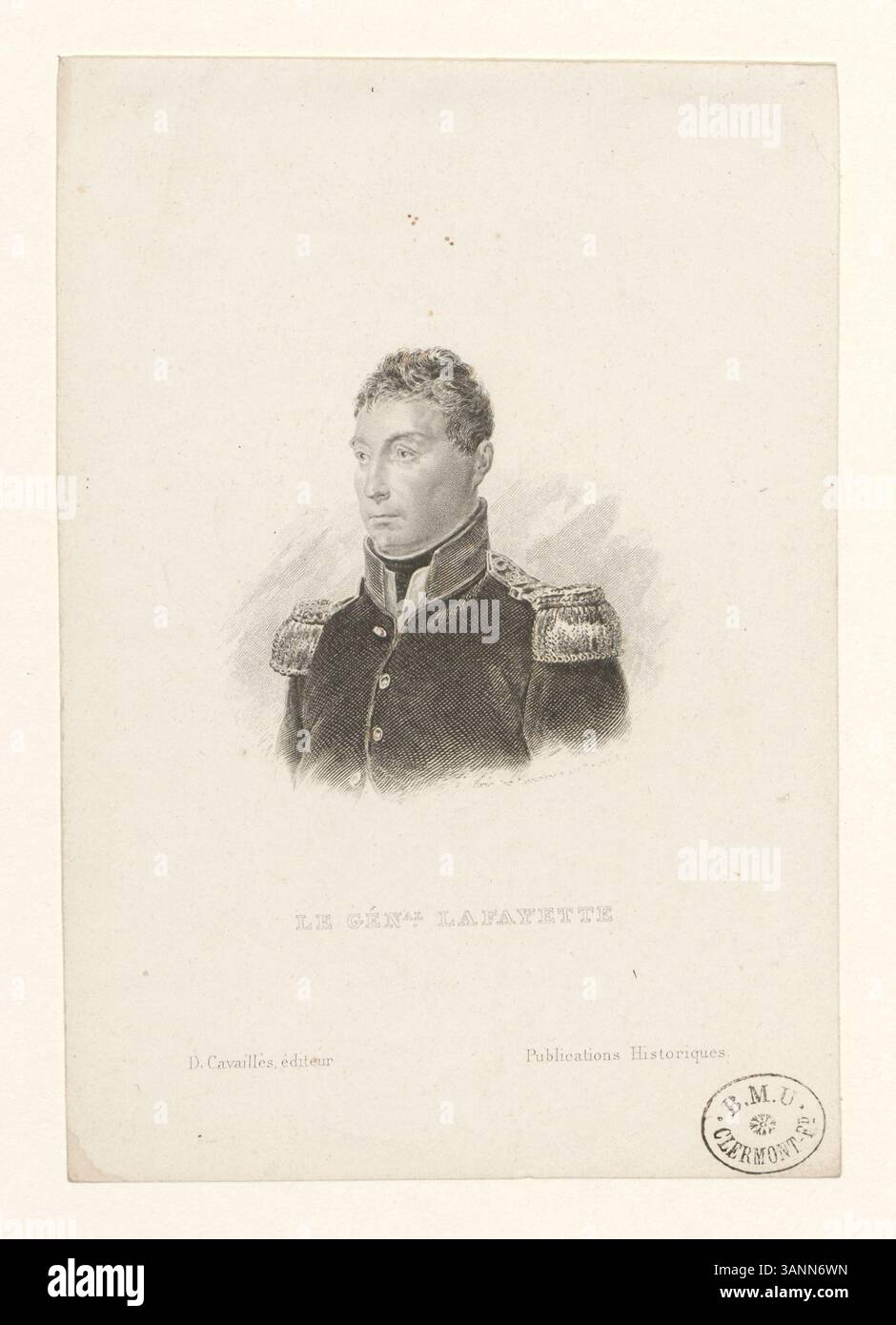 Questa stampa della collezione Boyer, intitolata BOYER 1257, raffigura Gilbert du Motier, Marchese de Lafayette, una figura chiave sia nella rivoluzione americana che in quella francese. La tecnica di stampa intaglio viene utilizzata per catturare l'immagine di la Fayette, mostrando il suo significato come leader militare e eroe rivoluzionario. Foto Stock