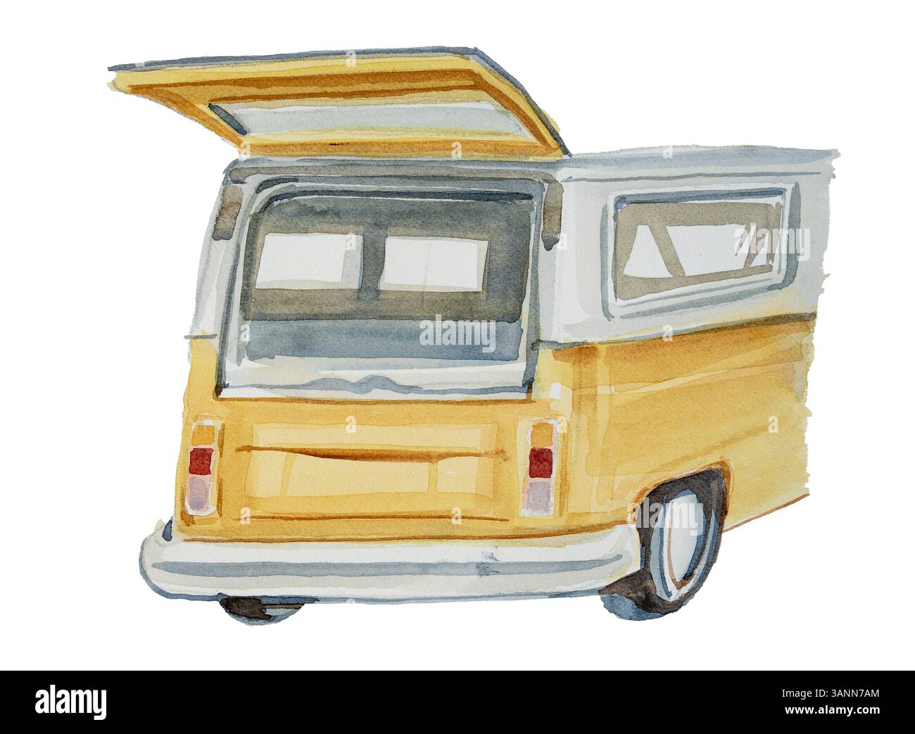 Camper d'epoca dipinto a mano ad acquerello isolato su uno sfondo bianco. Illustrazione concetto turistico. Design camper. Foto Stock