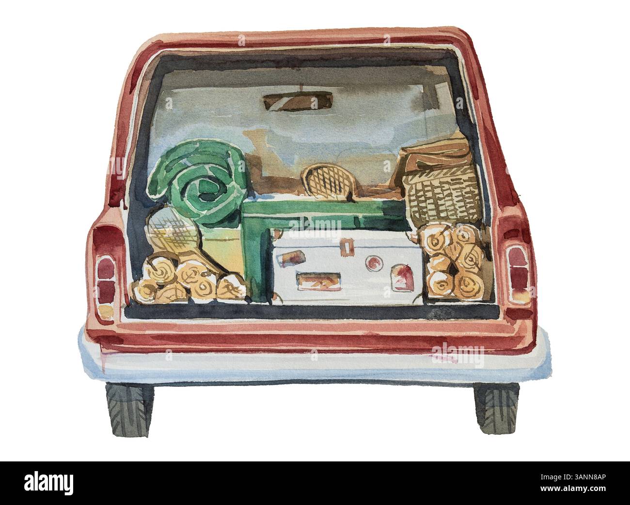 Camper d'epoca dipinto a mano ad acquerello isolato su uno sfondo bianco. Illustrazione concetto turistico. Design camper. Foto Stock