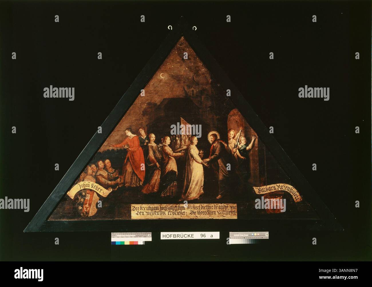 Il dipinto intitolato "la parabola delle vergini sagge e sciocche" illustra la parabola biblica in cui le vergini sagge sono preparate per l'arrivo dello sposo, a differenza di quelle sciocche. Fa parte dell'Archivio municipale di Lucerna. Foto Stock