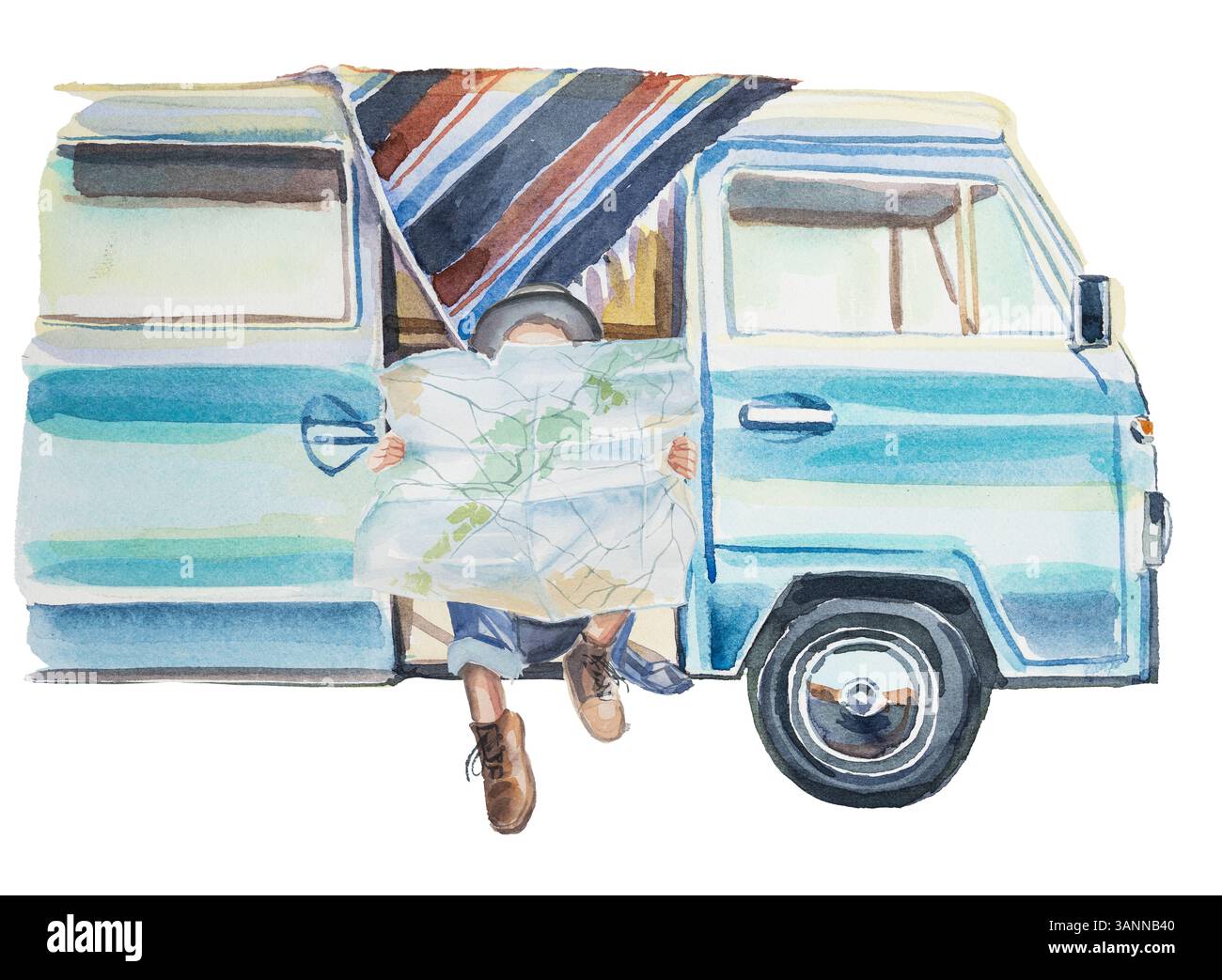 Camper d'epoca dipinto a mano ad acquerello isolato su uno sfondo bianco. Concetto turistico Foto Stock