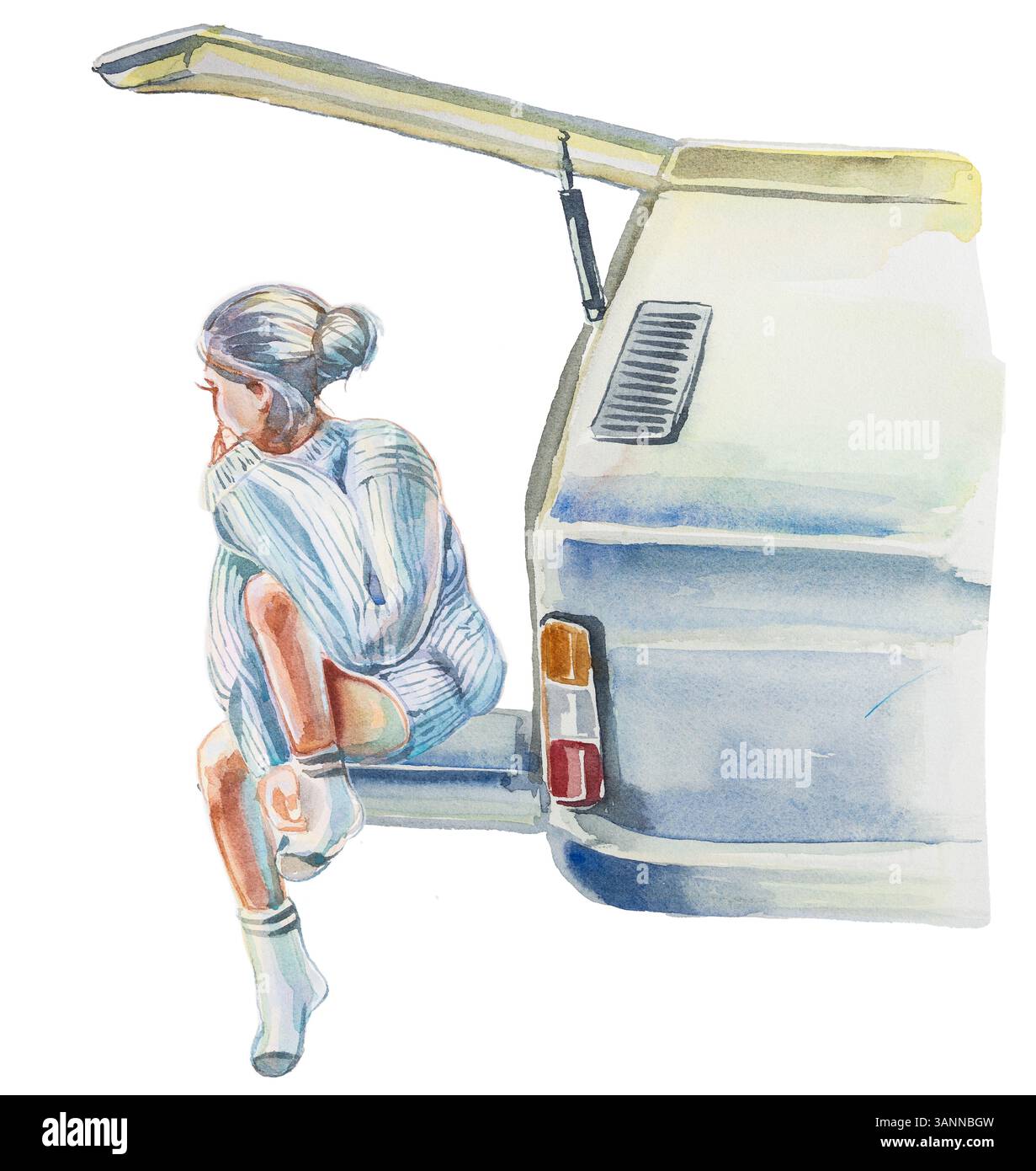 Camper d'epoca dipinto a mano ad acquerello isolato su uno sfondo bianco. Concetto turistico Foto Stock