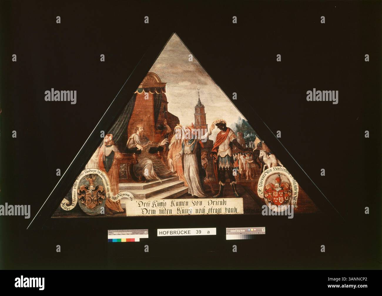 Questo dipinto mostra i tre re in visita al re Erode. Essi cercano una guida per trovare il neonato Gesù, preparando le basi per il loro viaggio a Betlemme per presentare doni al bambino Cristo. Foto Stock