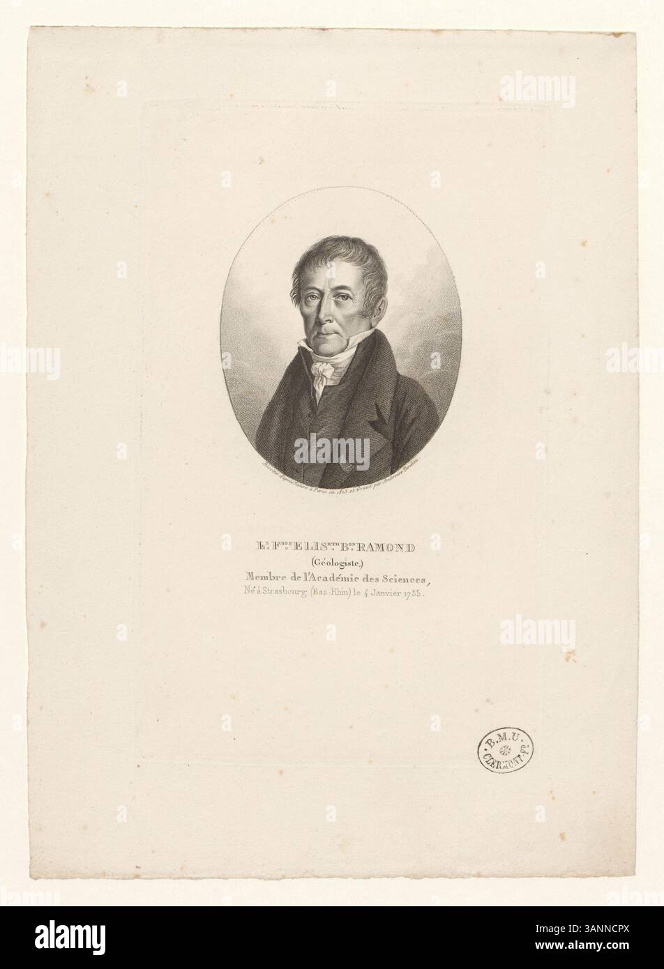 Questa stampa intaglio ritrae Louis Francois Elisabeth Baron Ramond, un geologo e membro dell'Accademia francese delle scienze. Nato a Strasburgo nel 1755, Ramond era noto per i suoi contributi nel campo della geologia e per la sua carriera scientifica. Foto Stock