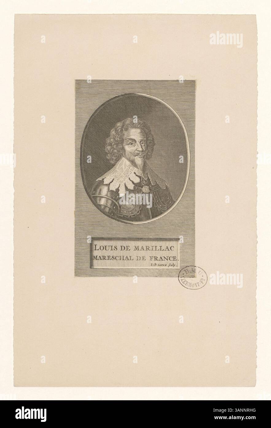 Questa stampa del 1627 raffigura Louis de Marillac, maresciallo di Francia, riconosciuto per il suo servizio militare e la sua importanza nella storia militare francese. Inciso da Boyer, riflette il suo ruolo chiave nella Francia del XVII secolo. Foto Stock